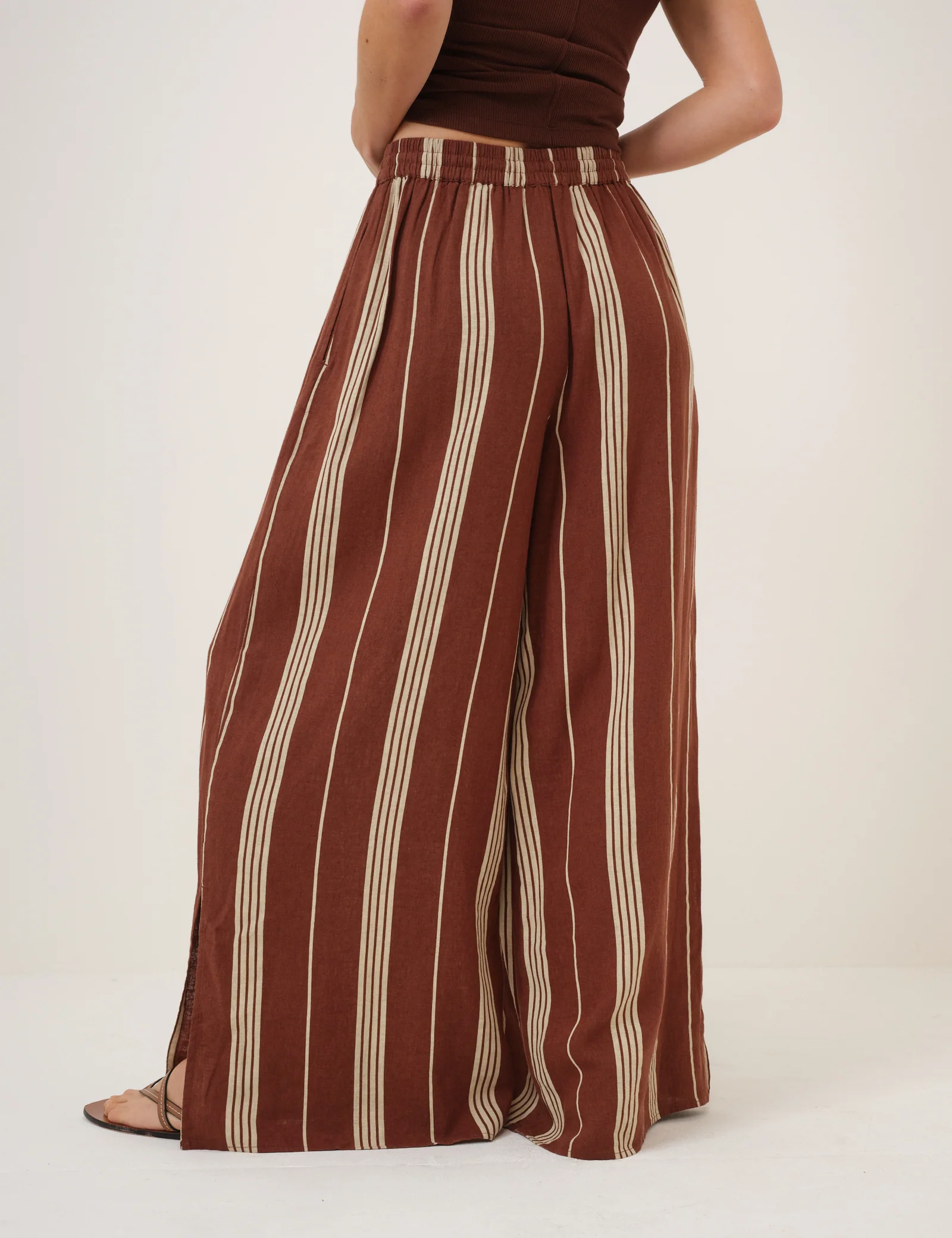 Brown Striped Linen-Blend Split Hem Trousers - Image 4