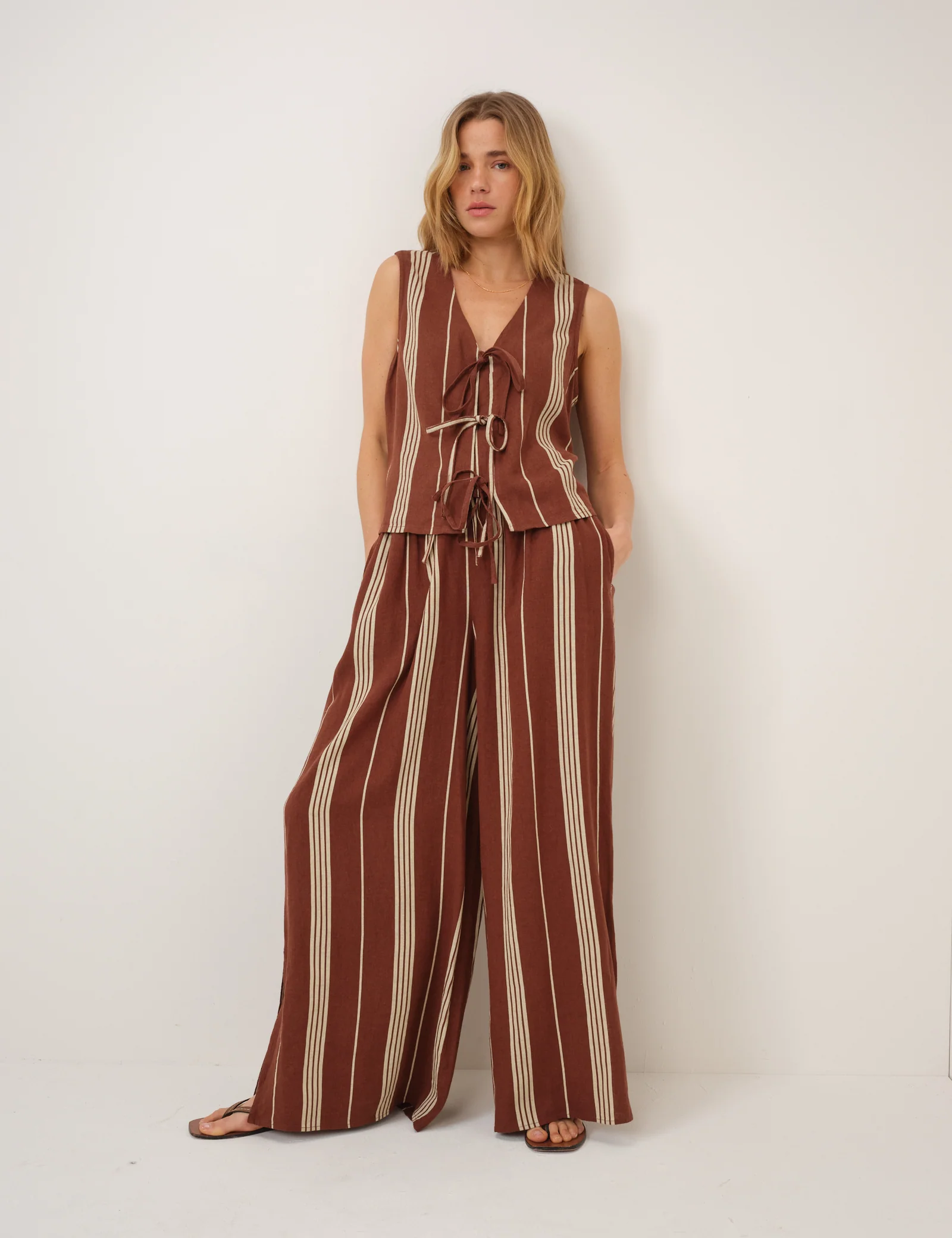Brown Striped Linen-Blend Split Hem Trousers - Image 5
