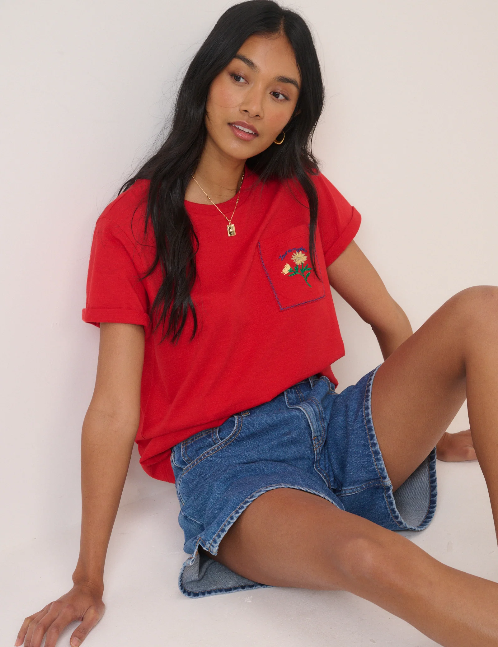 Red Embroidered Pocket T-Shirt - Image 4