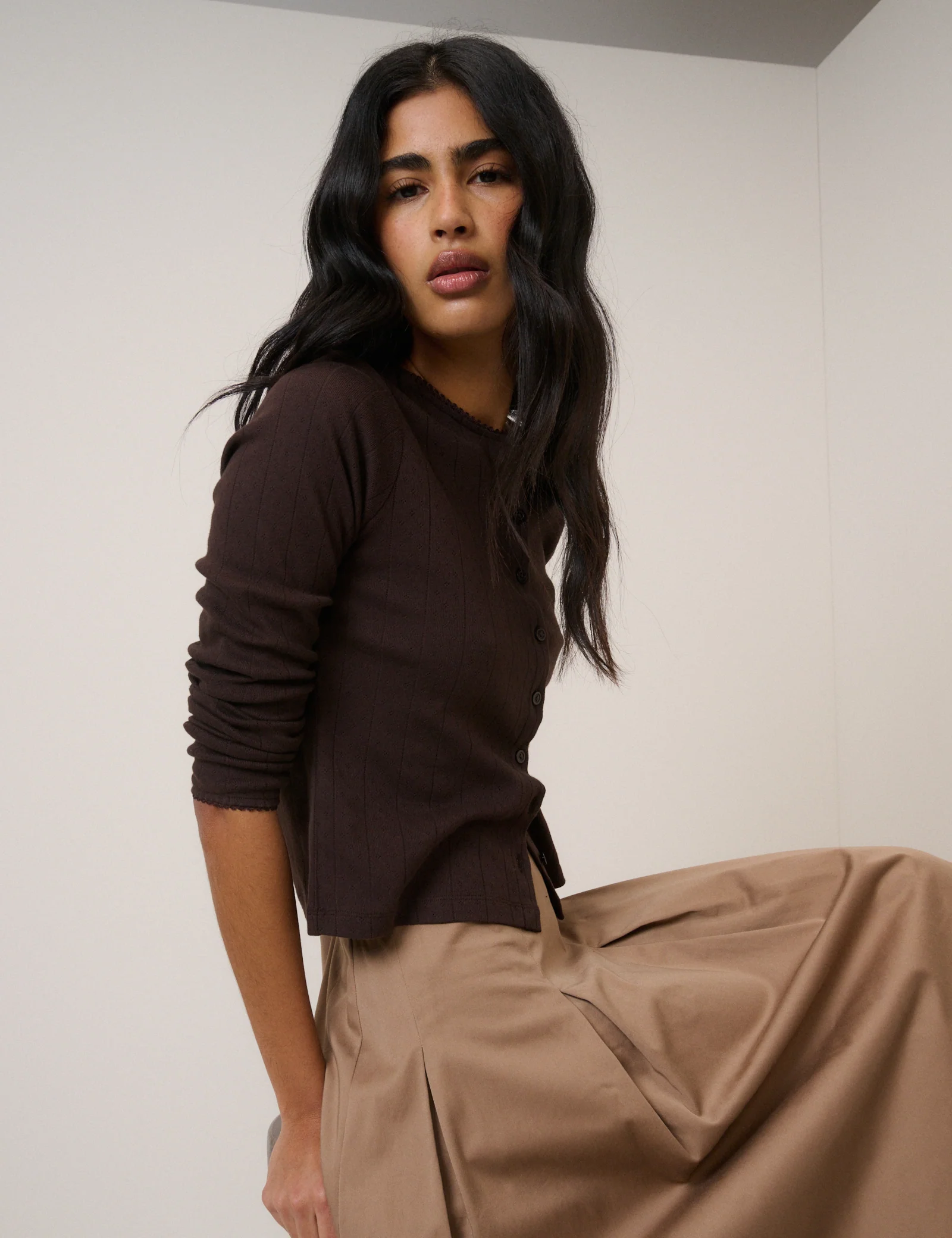Brown Pointelle Jersey Cardigan - Image 3