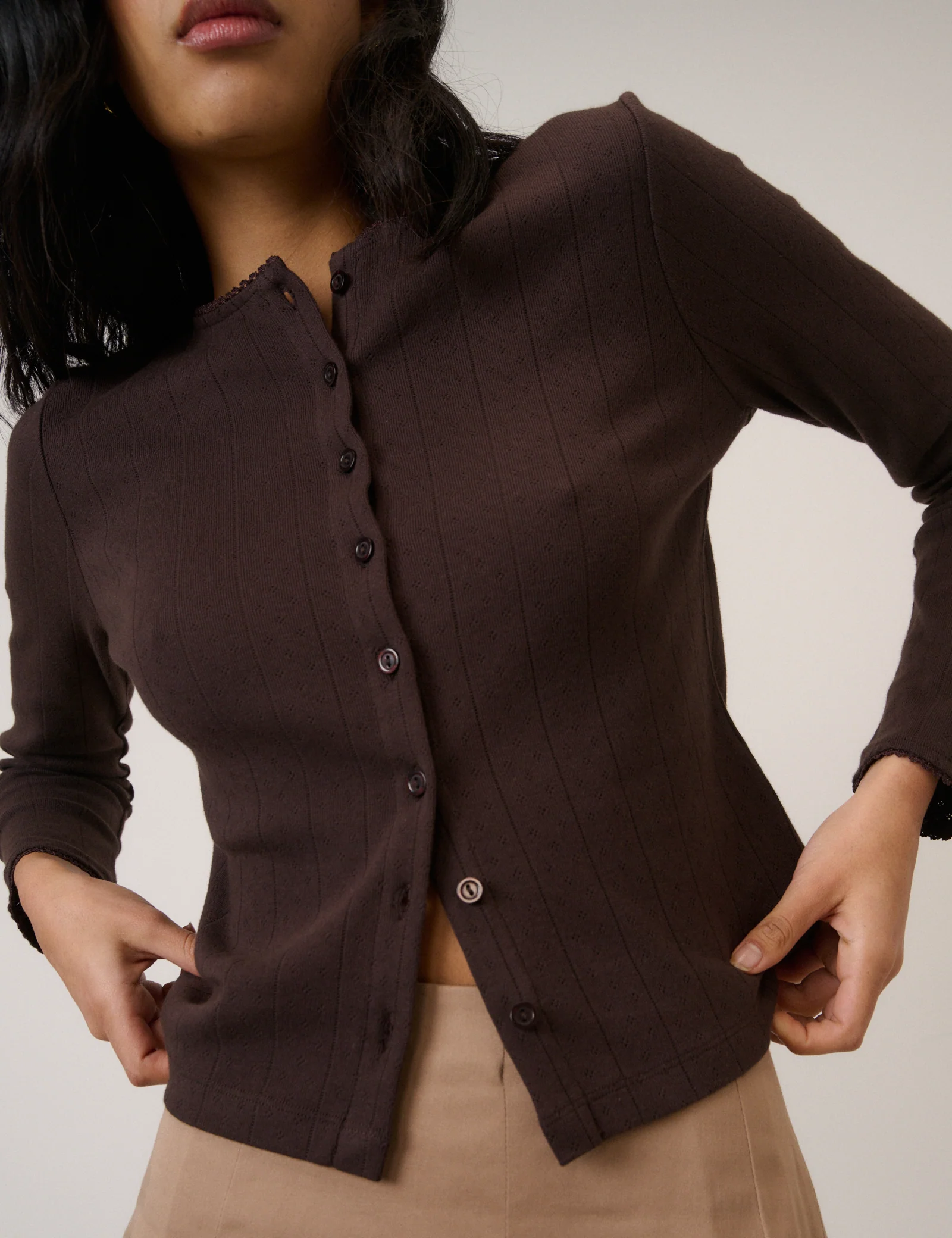 Brown Pointelle Jersey Cardigan - Image 4