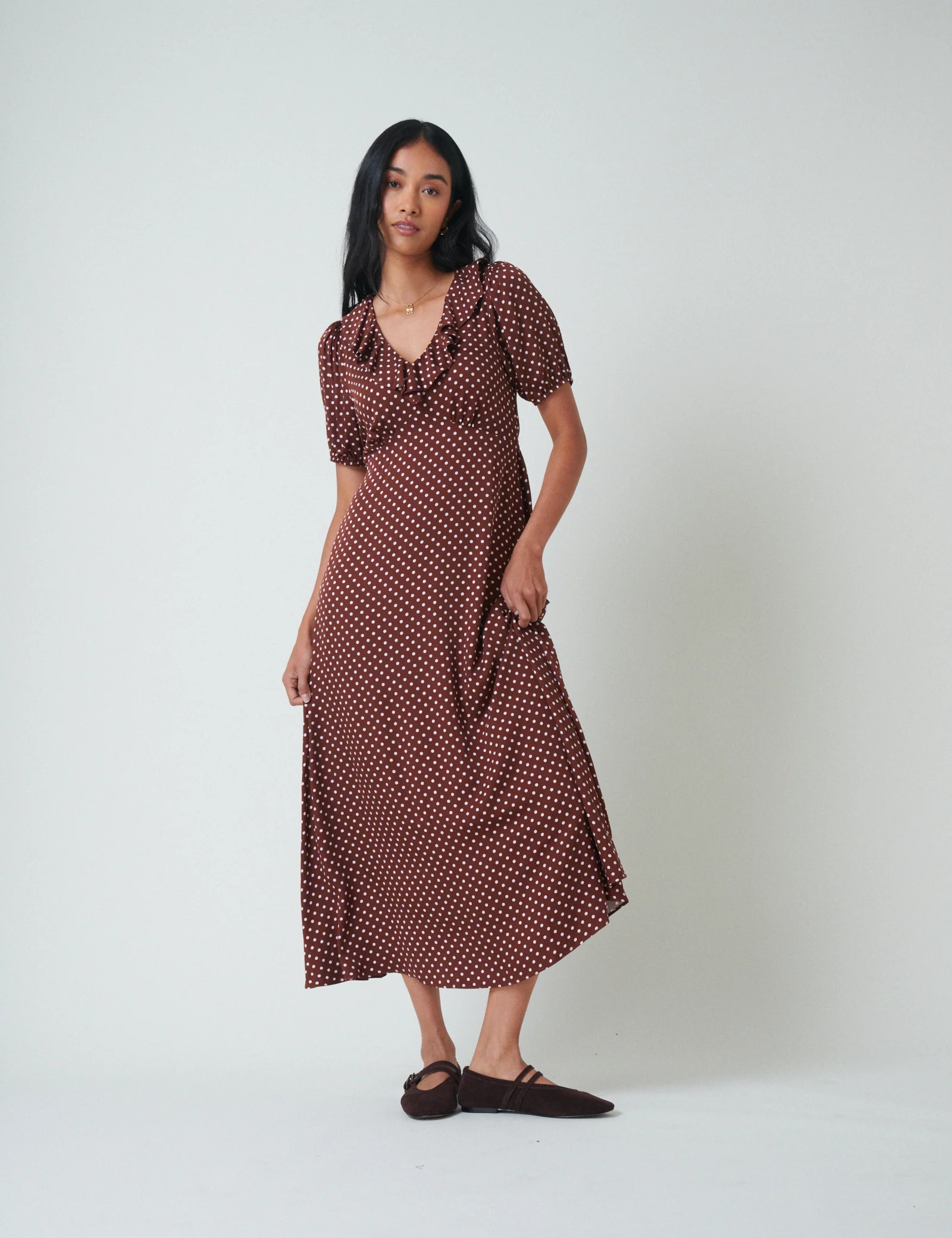 Brown Polka Dot Fae Midi Dress - Image 4