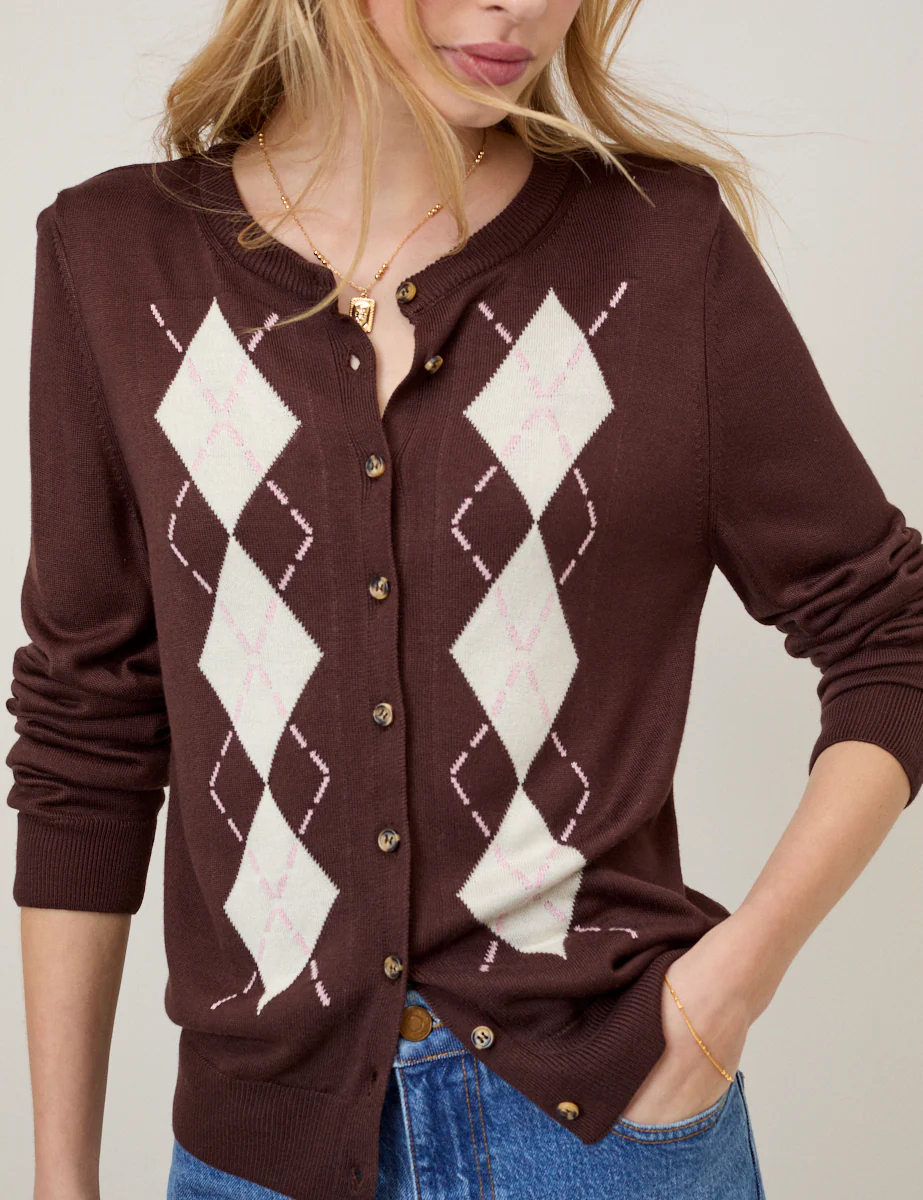 Brown Argyle Print Cardigan - Image 2