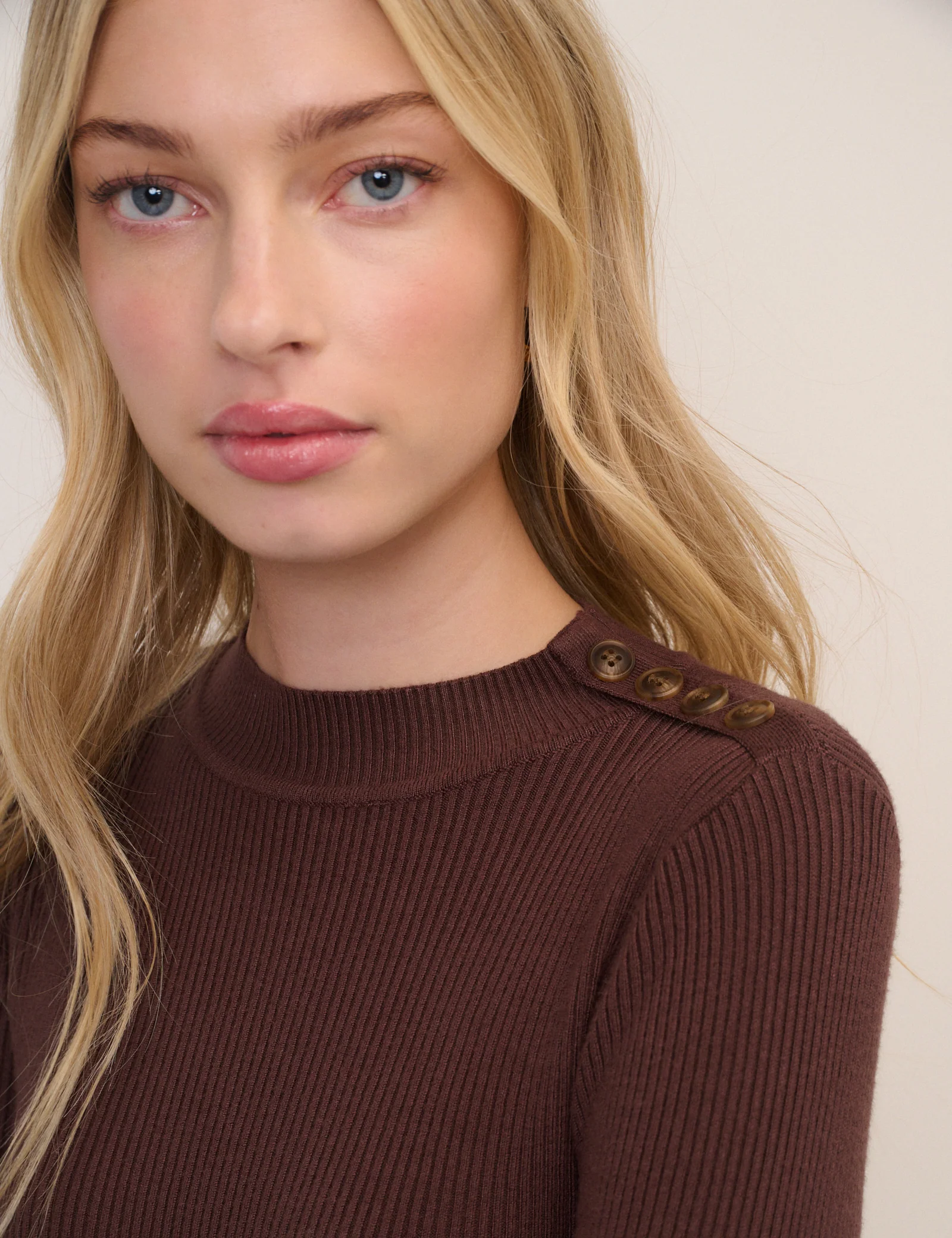 Brown Ribbed Knitted Mock Neck Top - Image 3