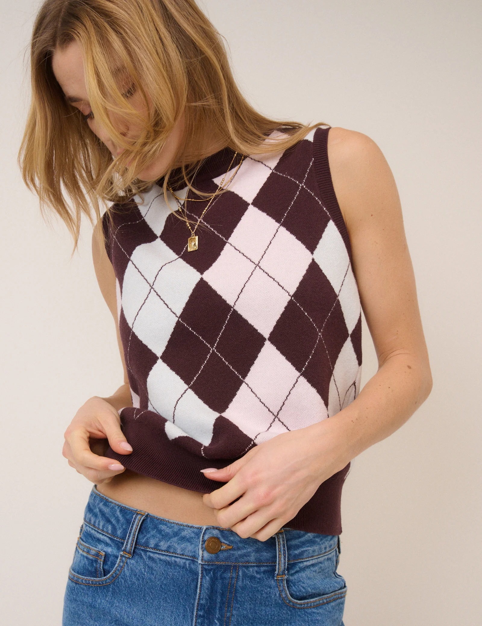 Pink And Brown Knitted Argyle Vest Top - Image 2