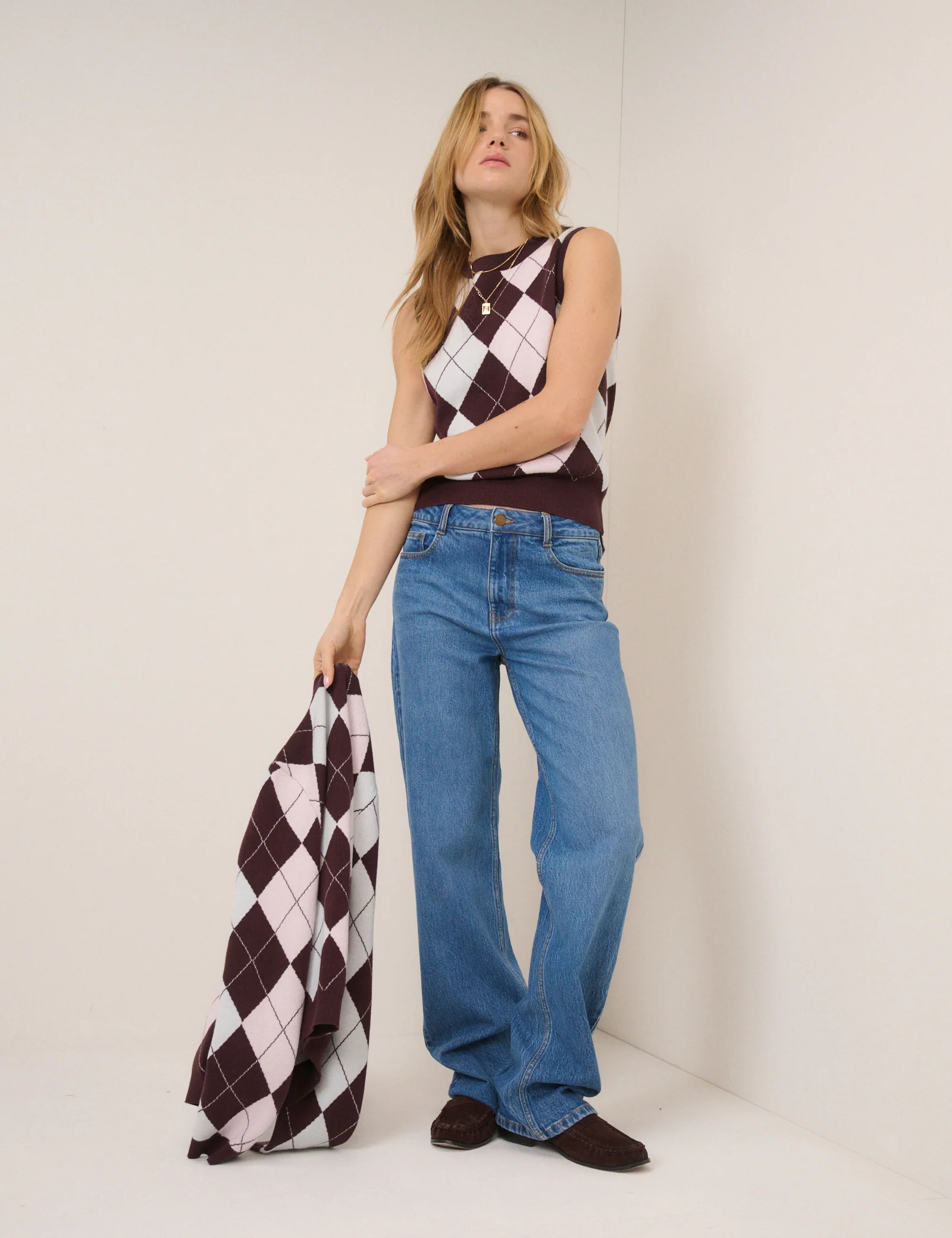 Pink And Brown Knitted Argyle Vest Top - Image 4