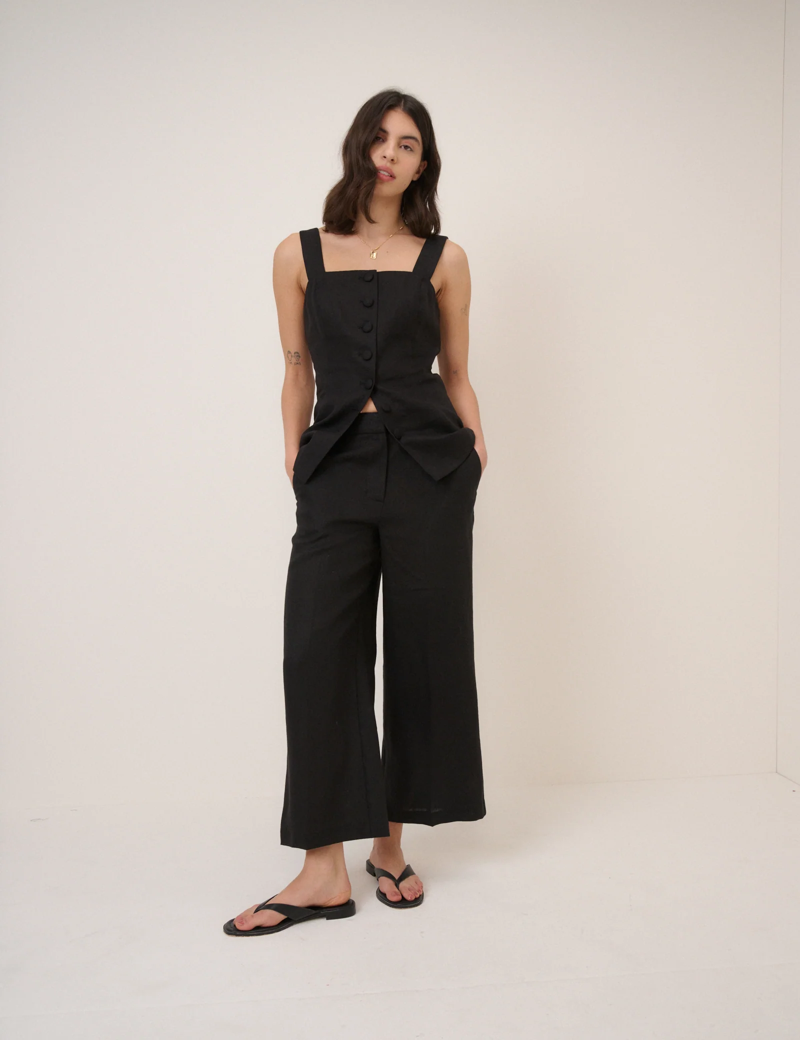 Black Cropped Flat Front Trousers - Image 2