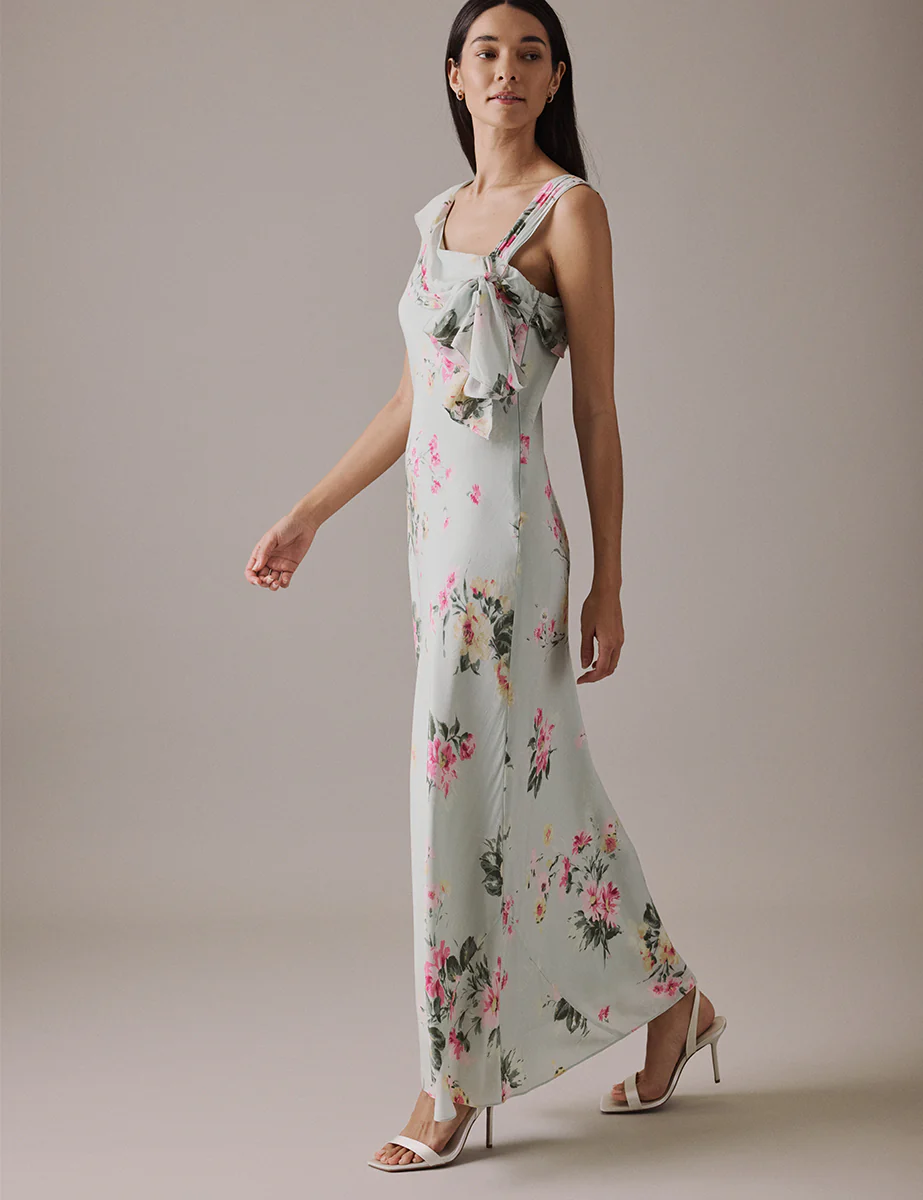 Floral Green Asymmetric Neckline Midi Gardenia Dress - Image 3