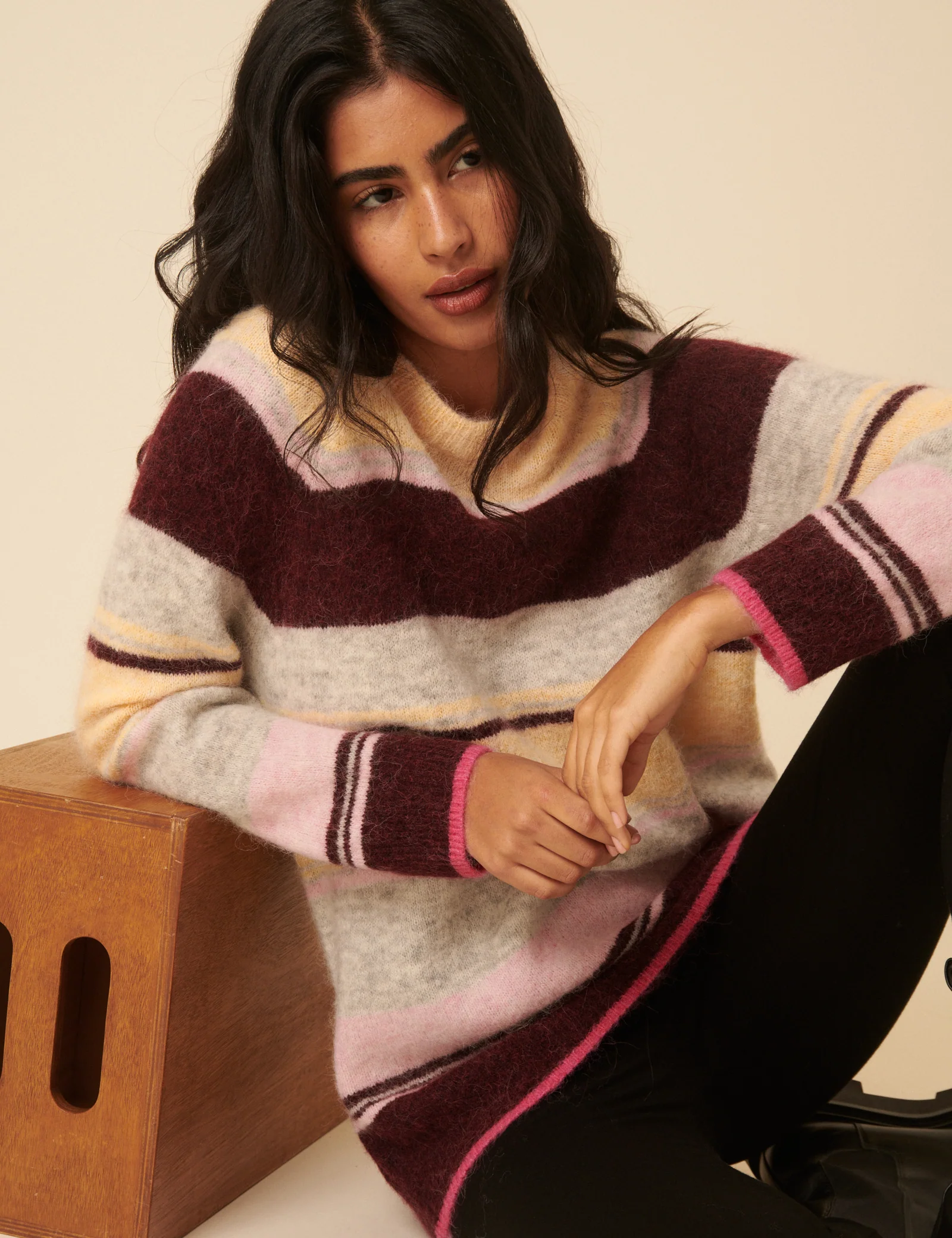 Fluffy Striped Alpaca and Wool Blend Oversized Jumper - Image 2