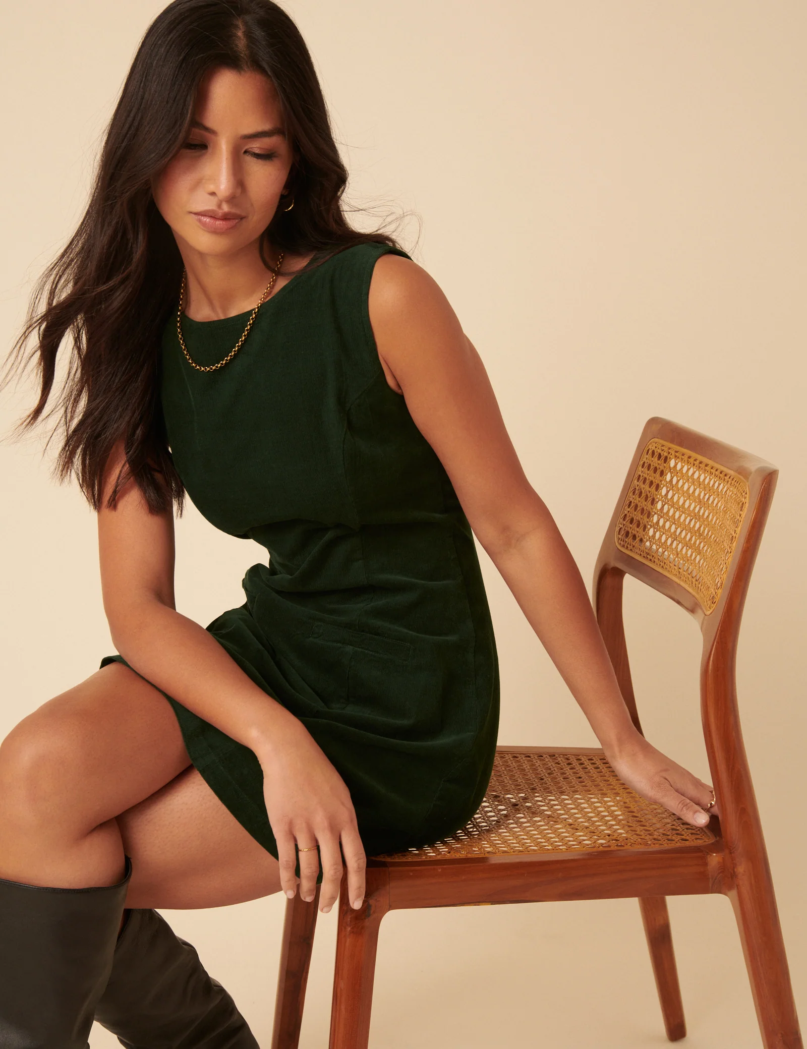 Forest Green Cord Boston Pinafore Mini Dress - Image 3