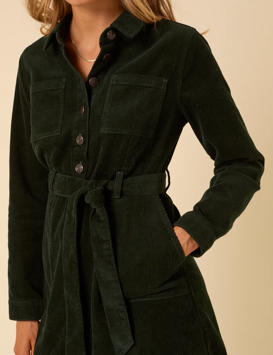 Forest Green Cord Long Sleeve Finchley Mini Dress - Image 2