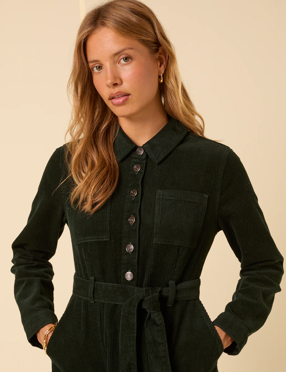 Forest Green Cord Long Sleeve Finchley Mini Dress - Image 3