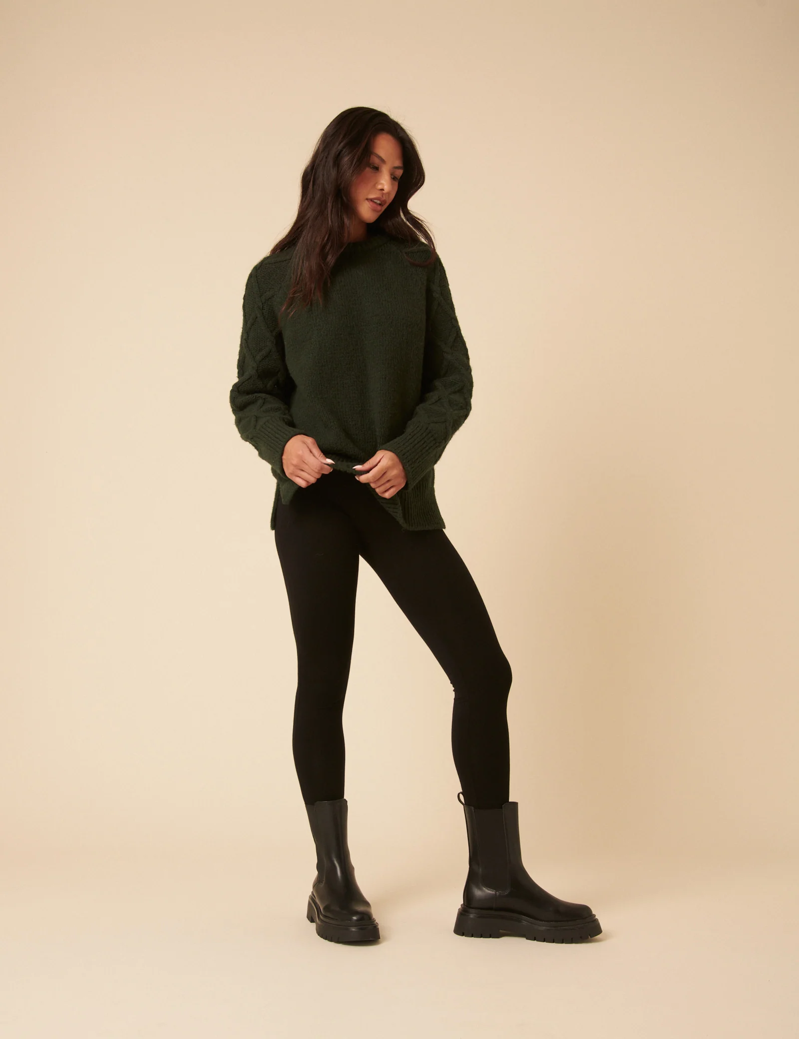 Forest Green Crew Neck Cable Oversized Jumper - Image 4