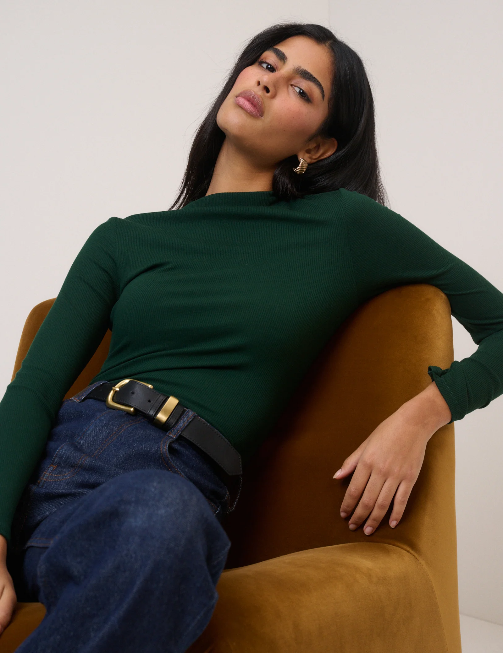 Forest Green Ribbed High Neck Long Sleeve Top