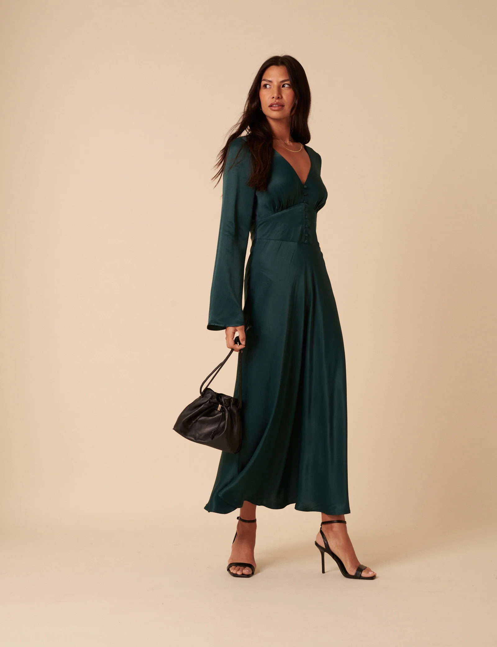 Forest Green Satin Long Sleeve Stella Midi Dress - Image 4