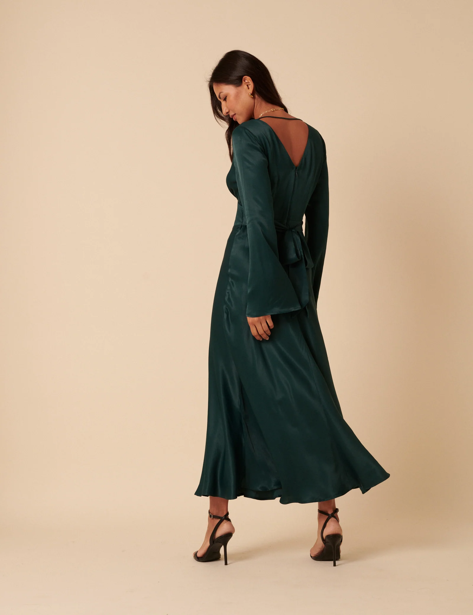 Forest Green Satin Long Sleeve Stella Midi Dress - Image 5