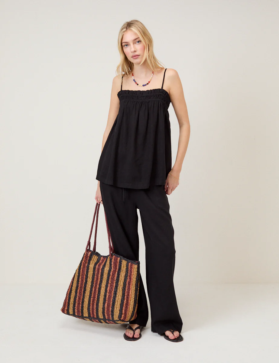 Black Linen-Blend Straight Leg Trousers