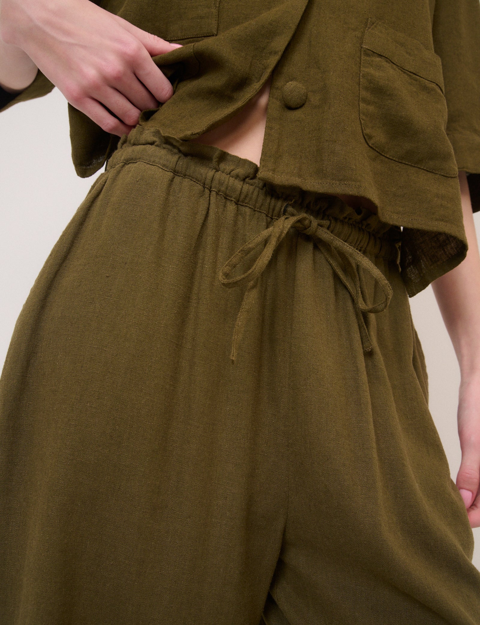 Khaki Green Linen-Blend Straight Leg Trousers - Image 3