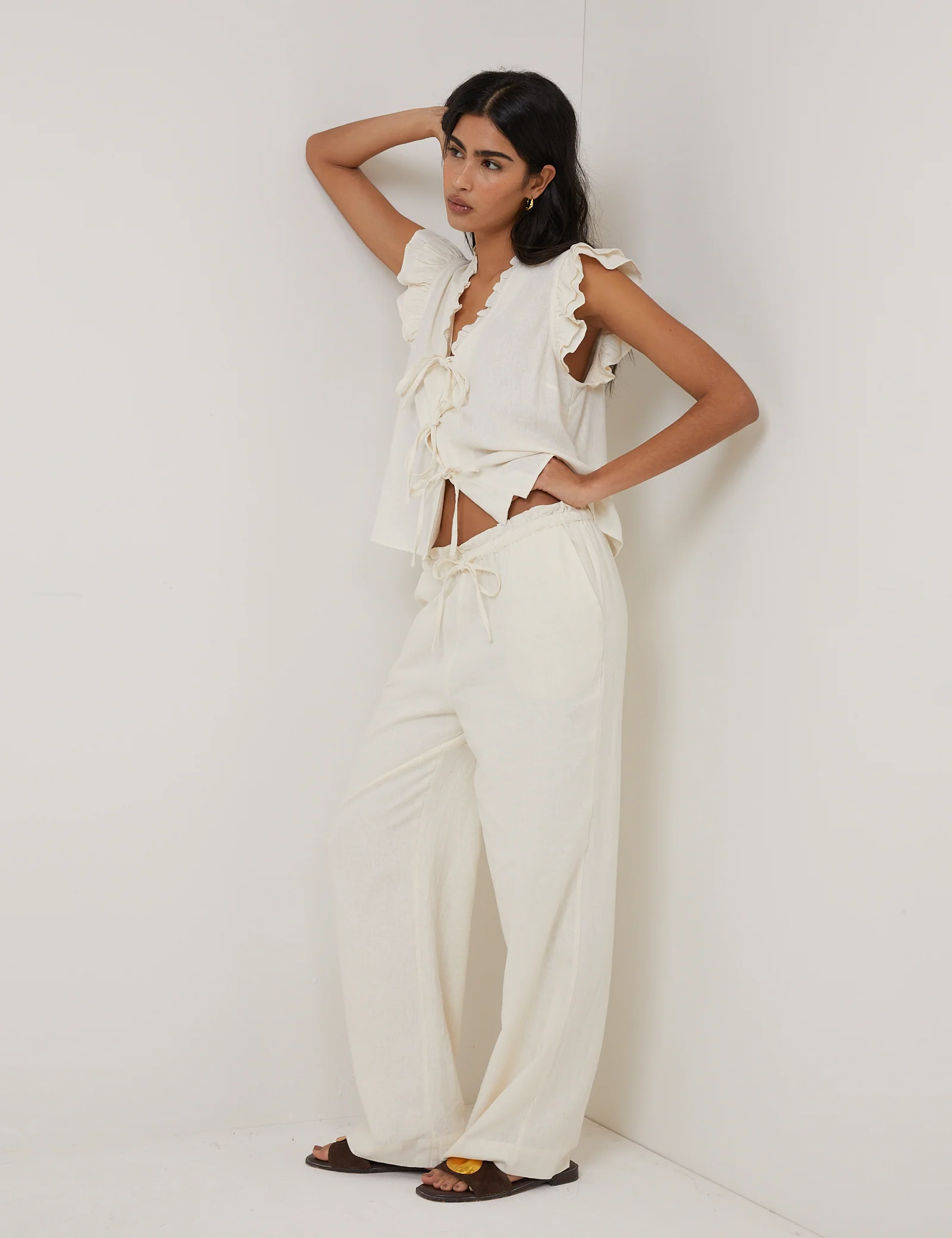 Cream Linen-Blend Straight Leg Trousers