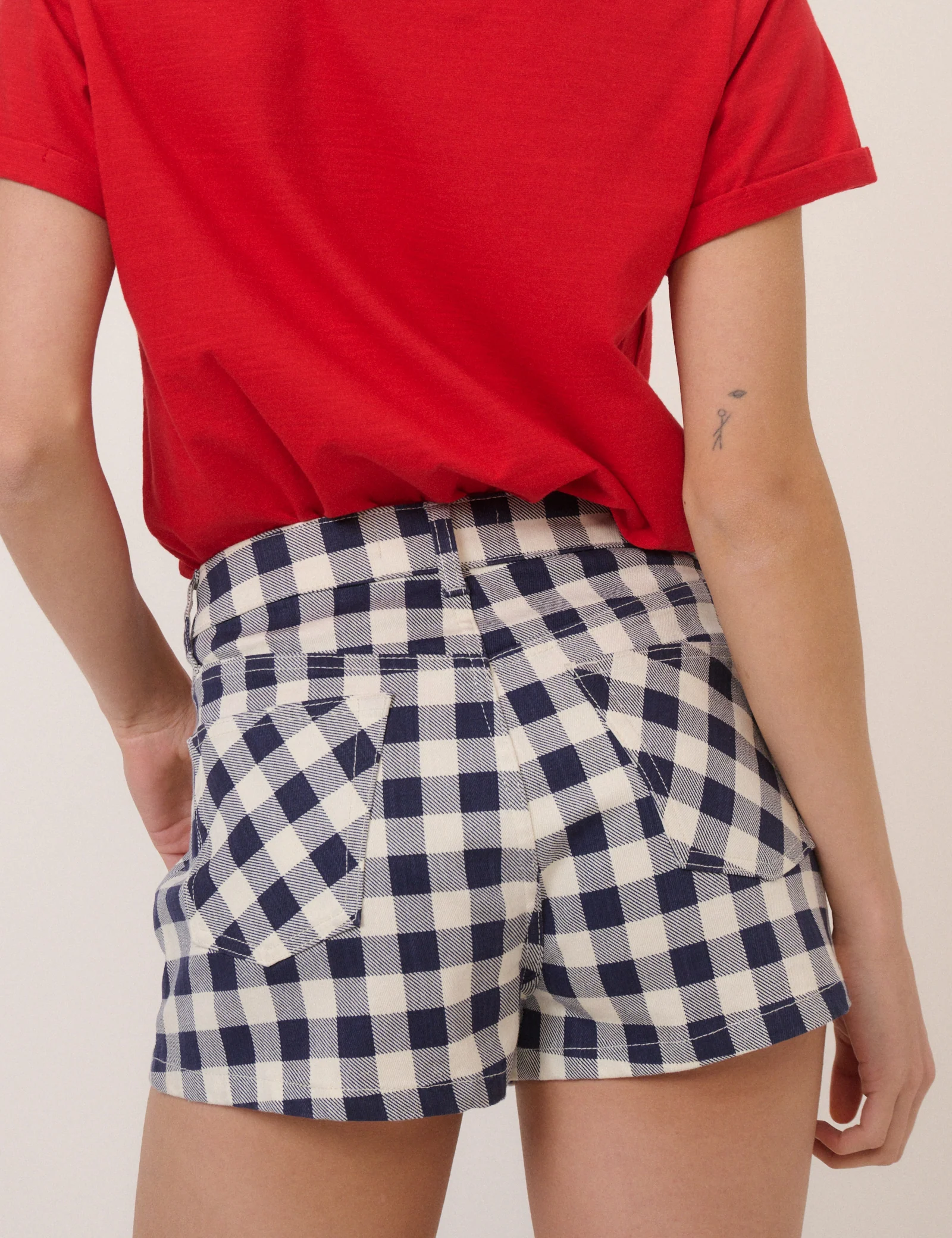 Navy Denim Gingham Mini Shorts - Image 4