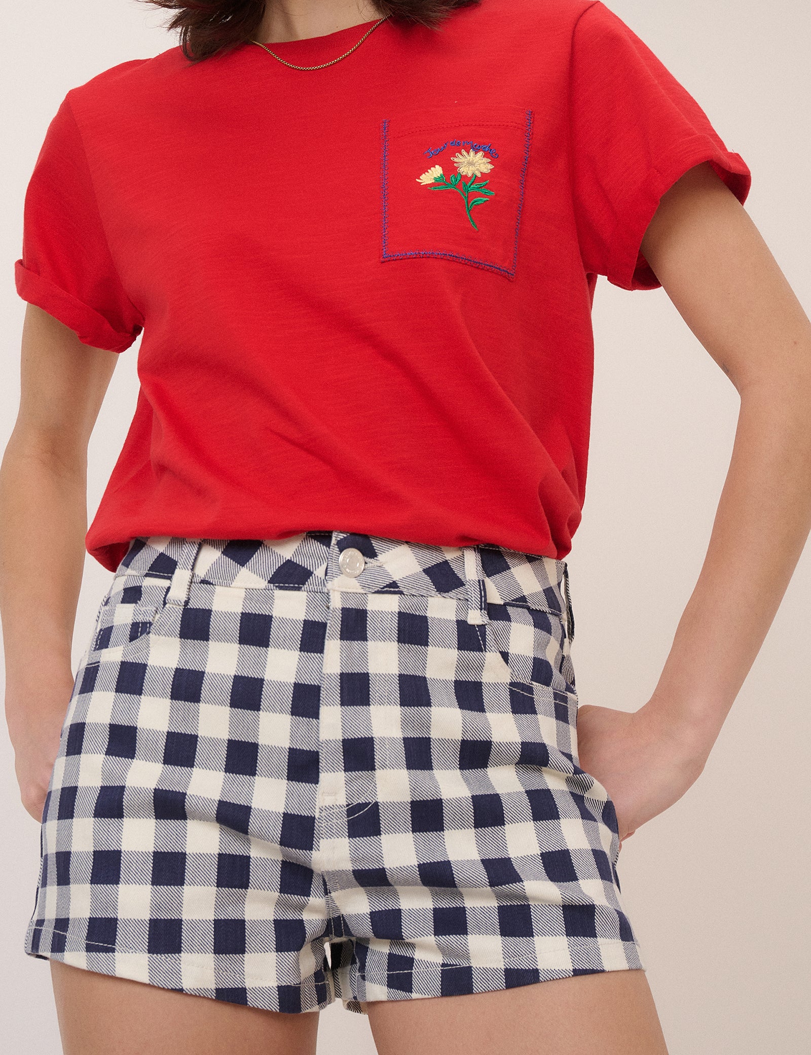 Navy Denim Gingham Mini Shorts - Image 5