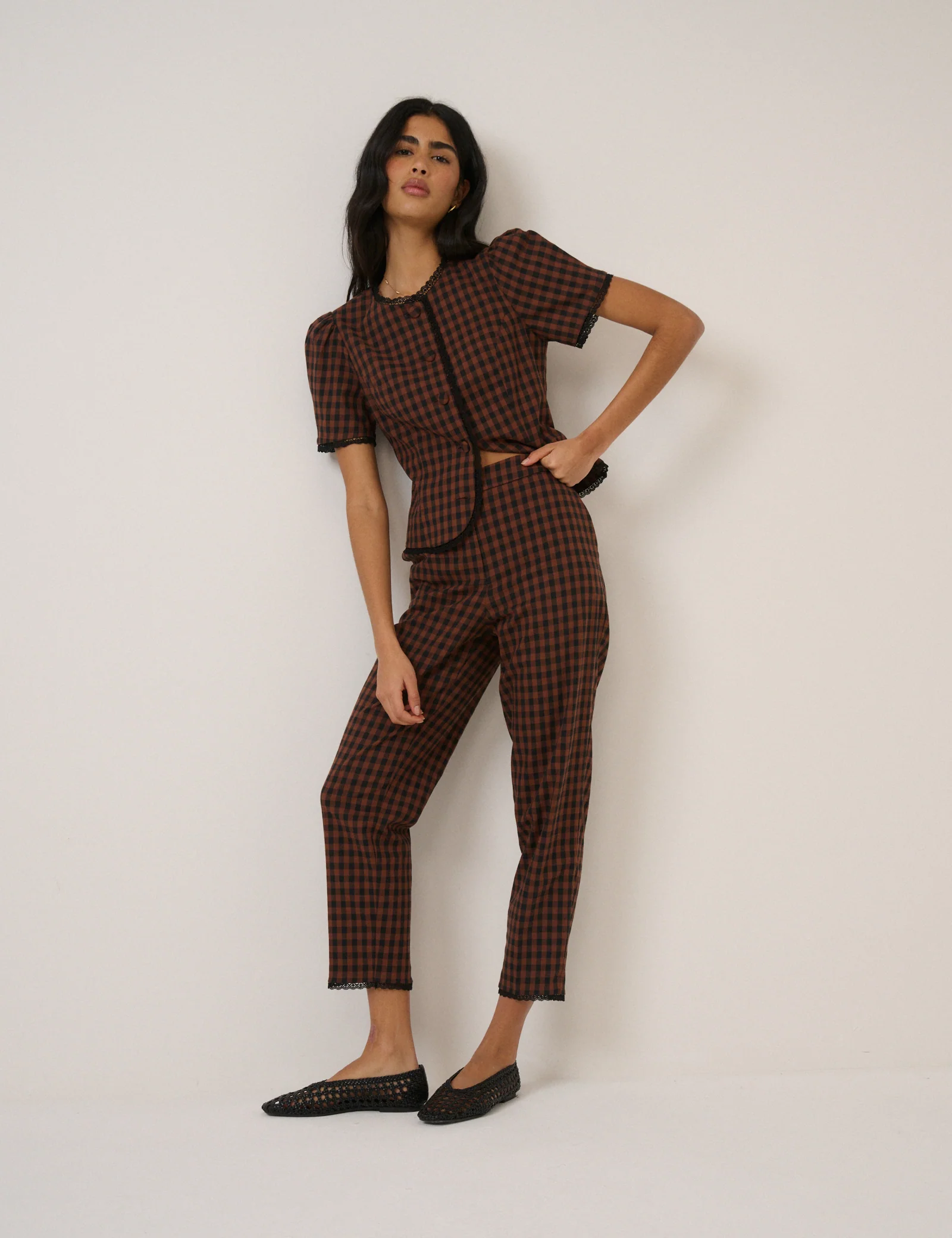 Brown Gingham Lace Trim Cigarette Trousers - Image 2