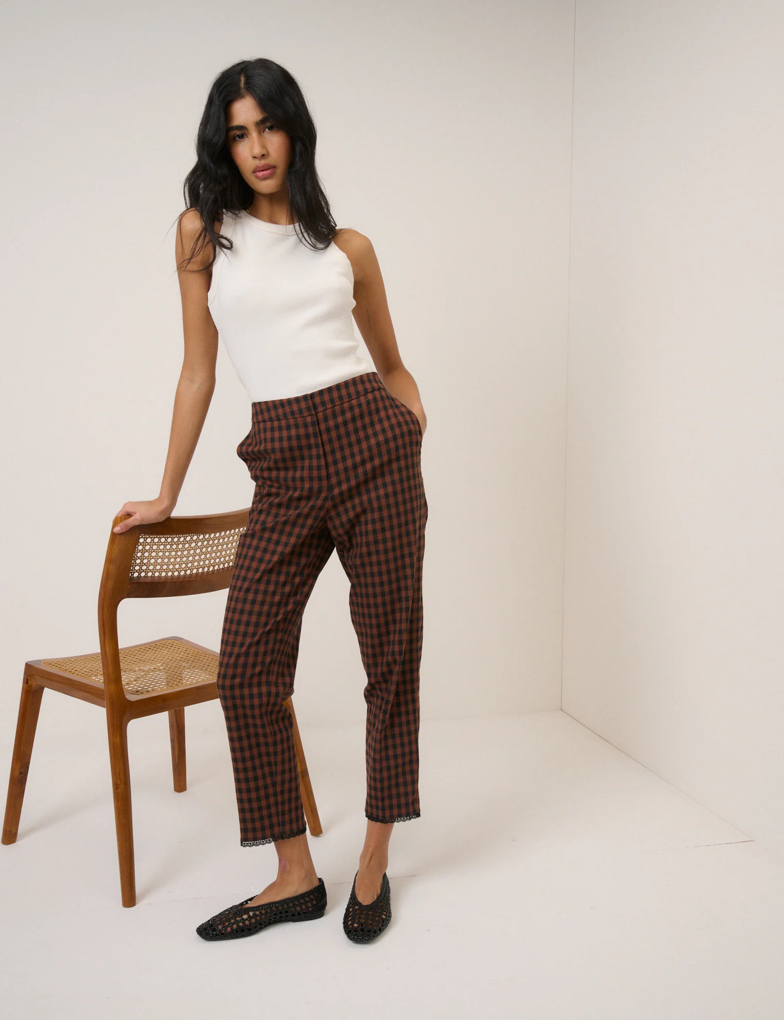 Brown Gingham Lace Trim Cigarette Trousers - Image 5
