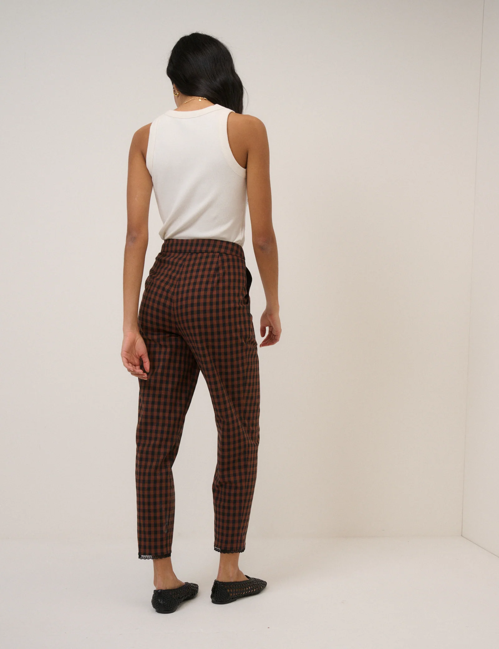 Brown Gingham Lace Trim Cigarette Trousers - Image 6