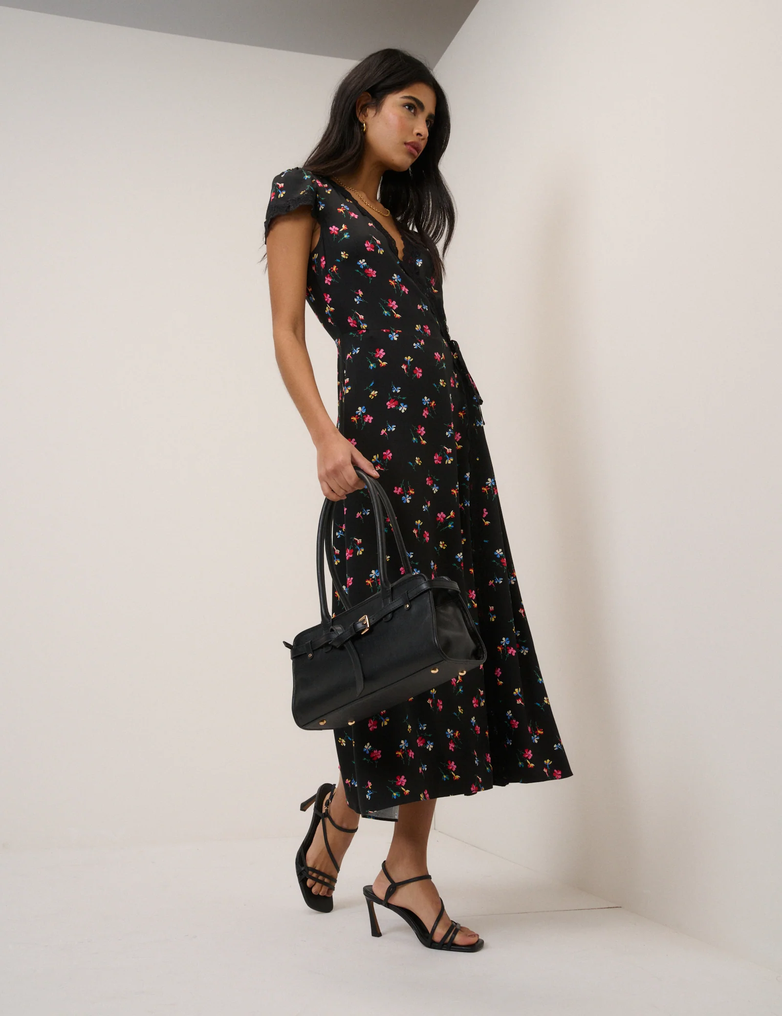Black Floral Ginny Midi Wrap Dress - Image 3