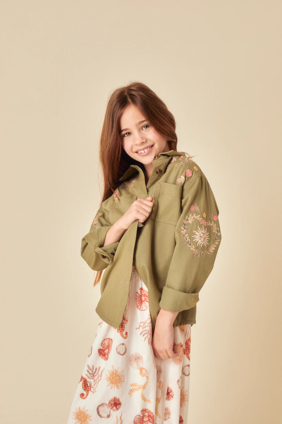 Elizabeth Scarlett Girls Green Denim Embroidered Shacket