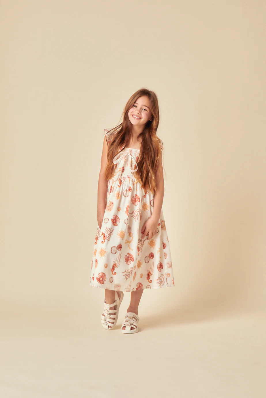 Elizabeth Scarlett Girls White Shell Print Hadley Midi Dress - Image 2