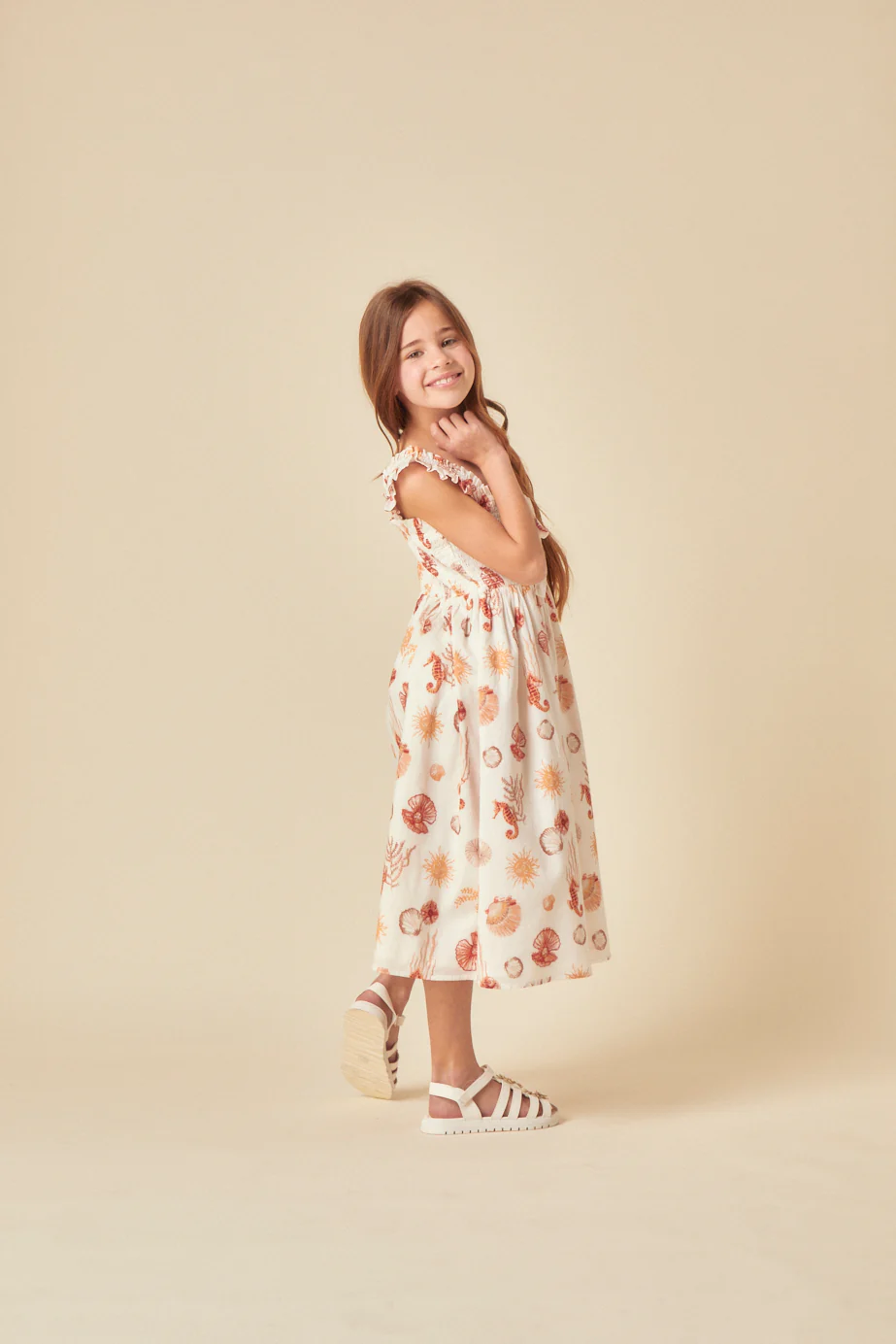 Elizabeth Scarlett Girls White Shell Print Hadley Midi Dress - Image 3