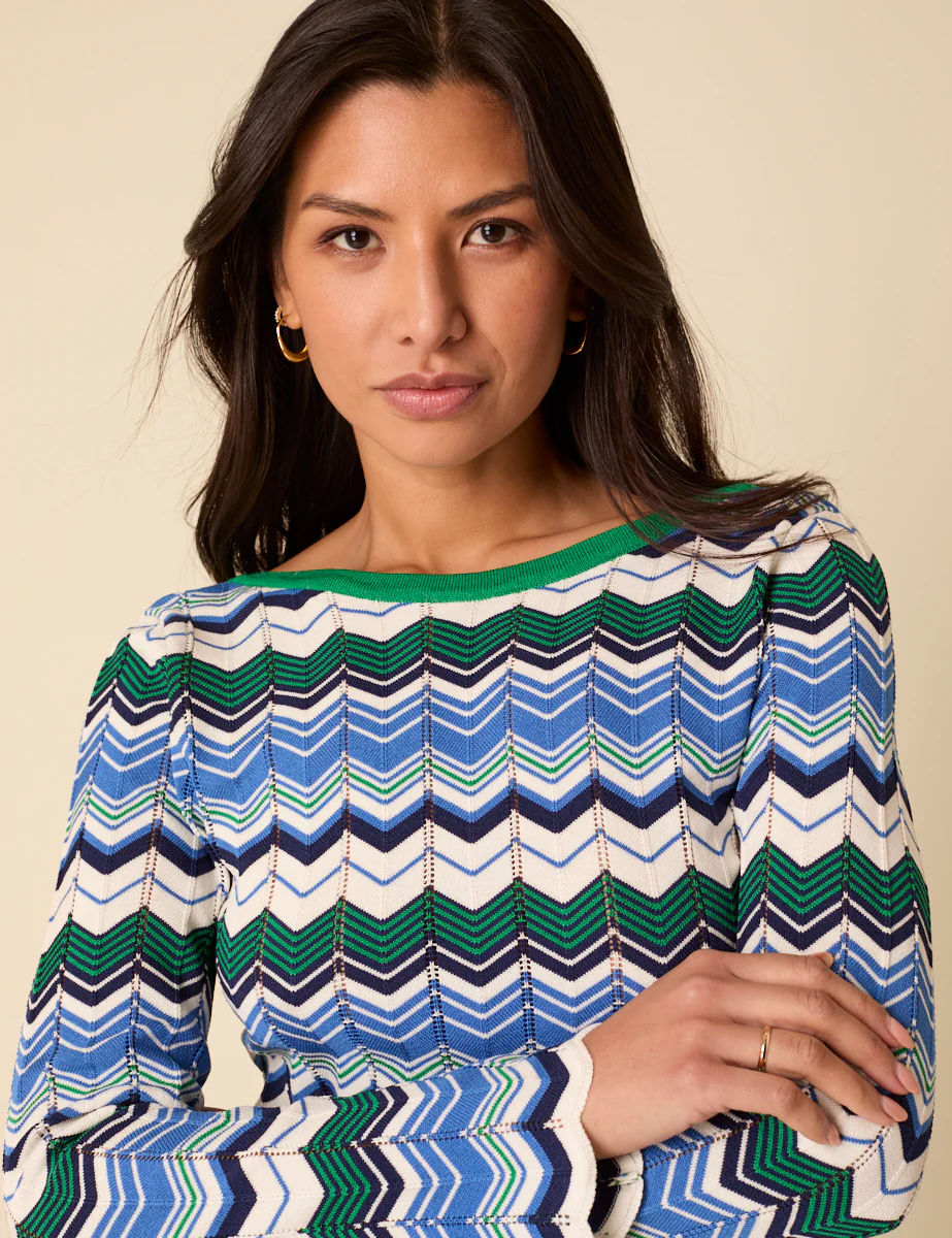 Green And Blue Striped Chevron Mini Dress - Image 2