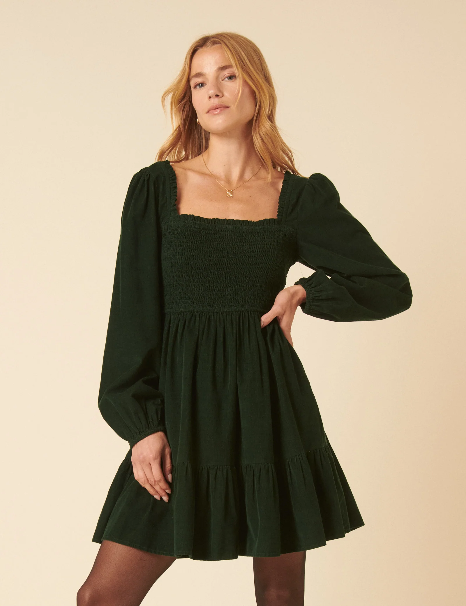Green Balloon Sleeve Cord Tiered Elsa Mini Dress - Image 3