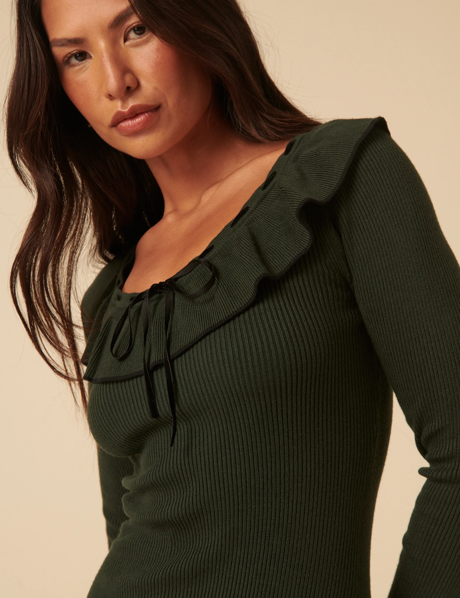 Green Collared Long Sleeve Knitted Mini Dress - Image 3