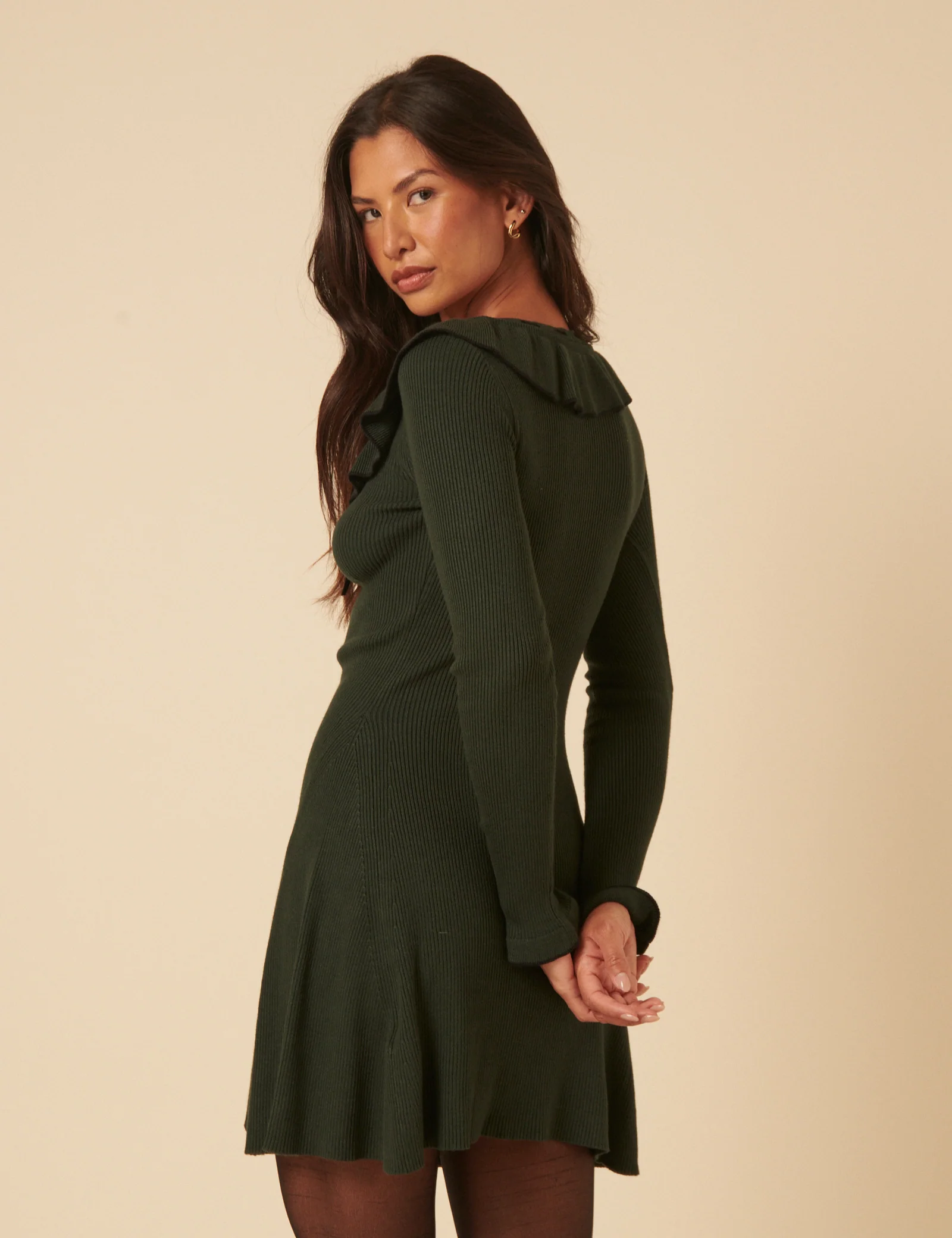 Green Collared Long Sleeve Knitted Mini Dress - Image 5