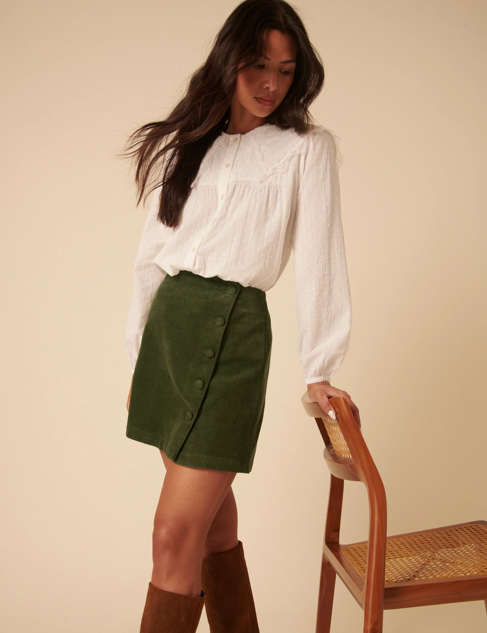 Green Cord Asymmetric Mini Skirt - Image 2