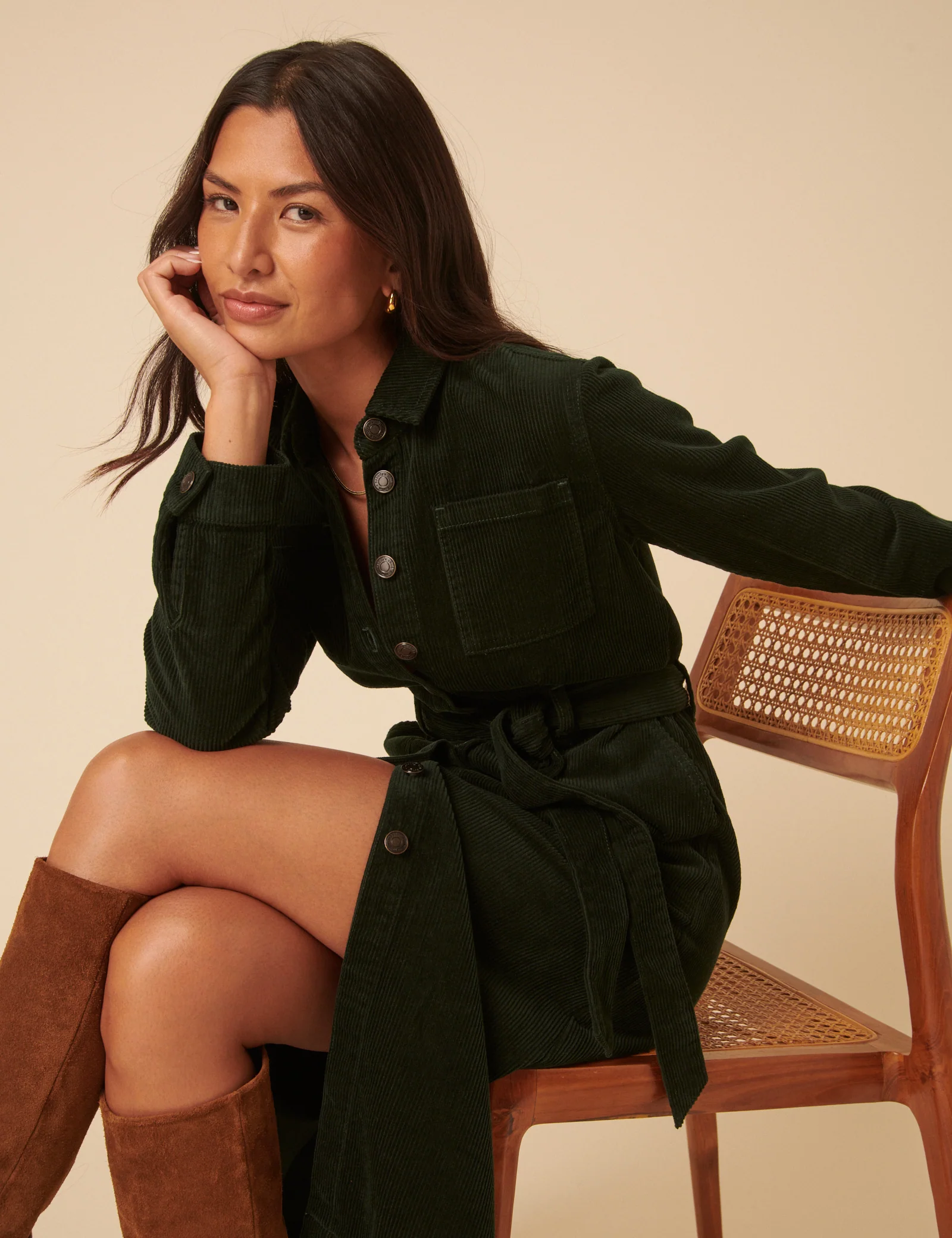 Green Cord Finchley Midi Shirt Dress - Image 2