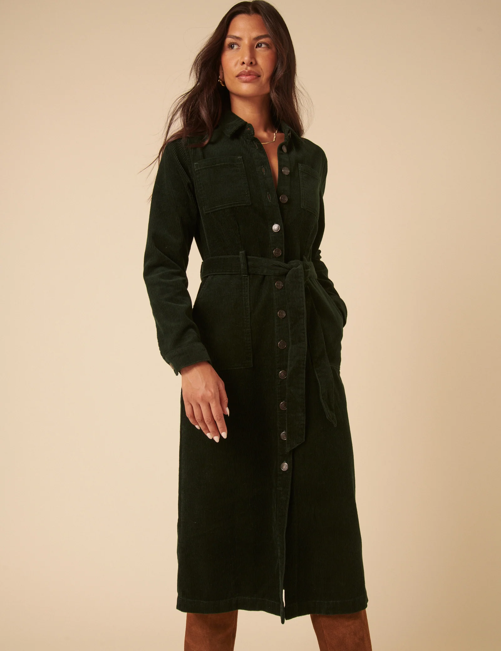 Green Cord Finchley Midi Shirt Dress - Image 3