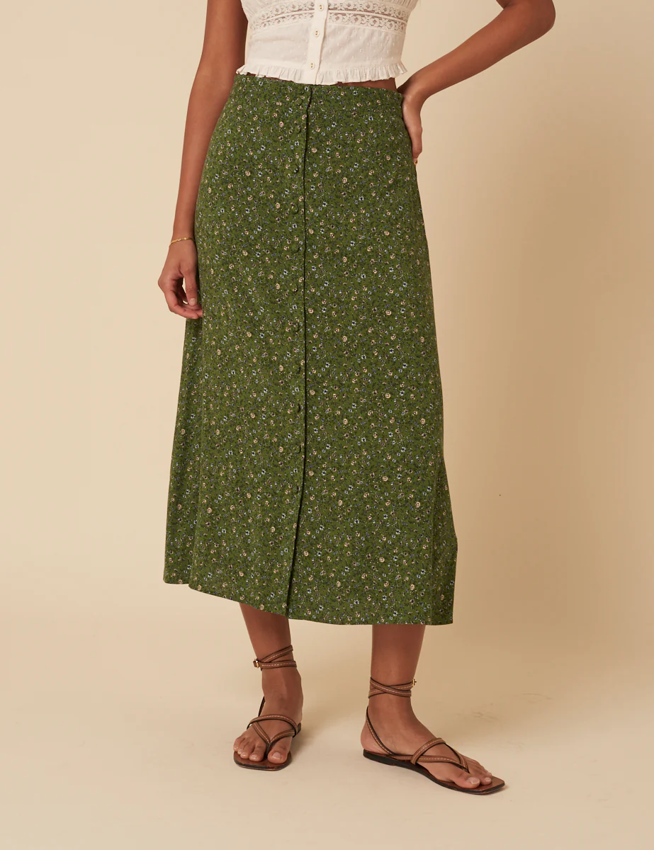 Green Ditsy Floral Midi Skirt - Image 2
