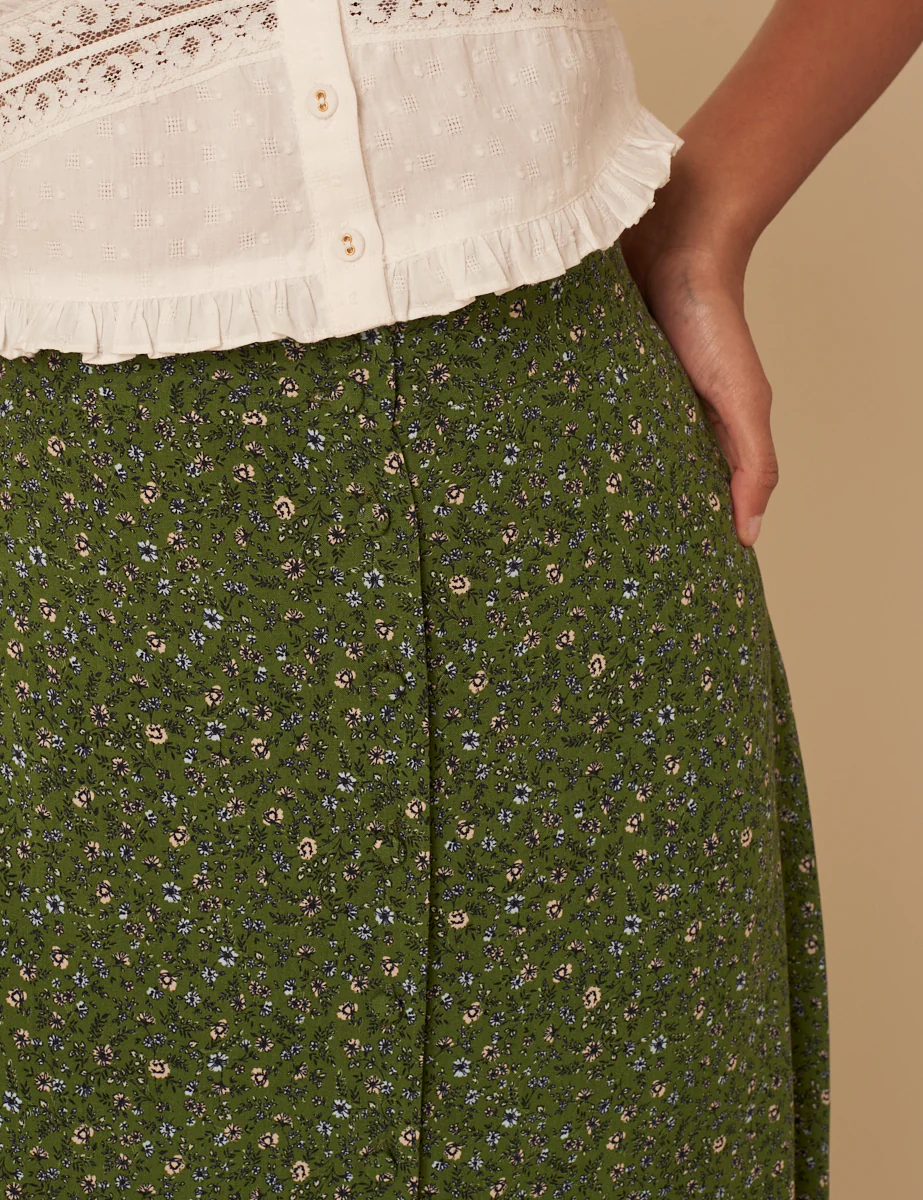 Green Ditsy Floral Midi Skirt - Image 4