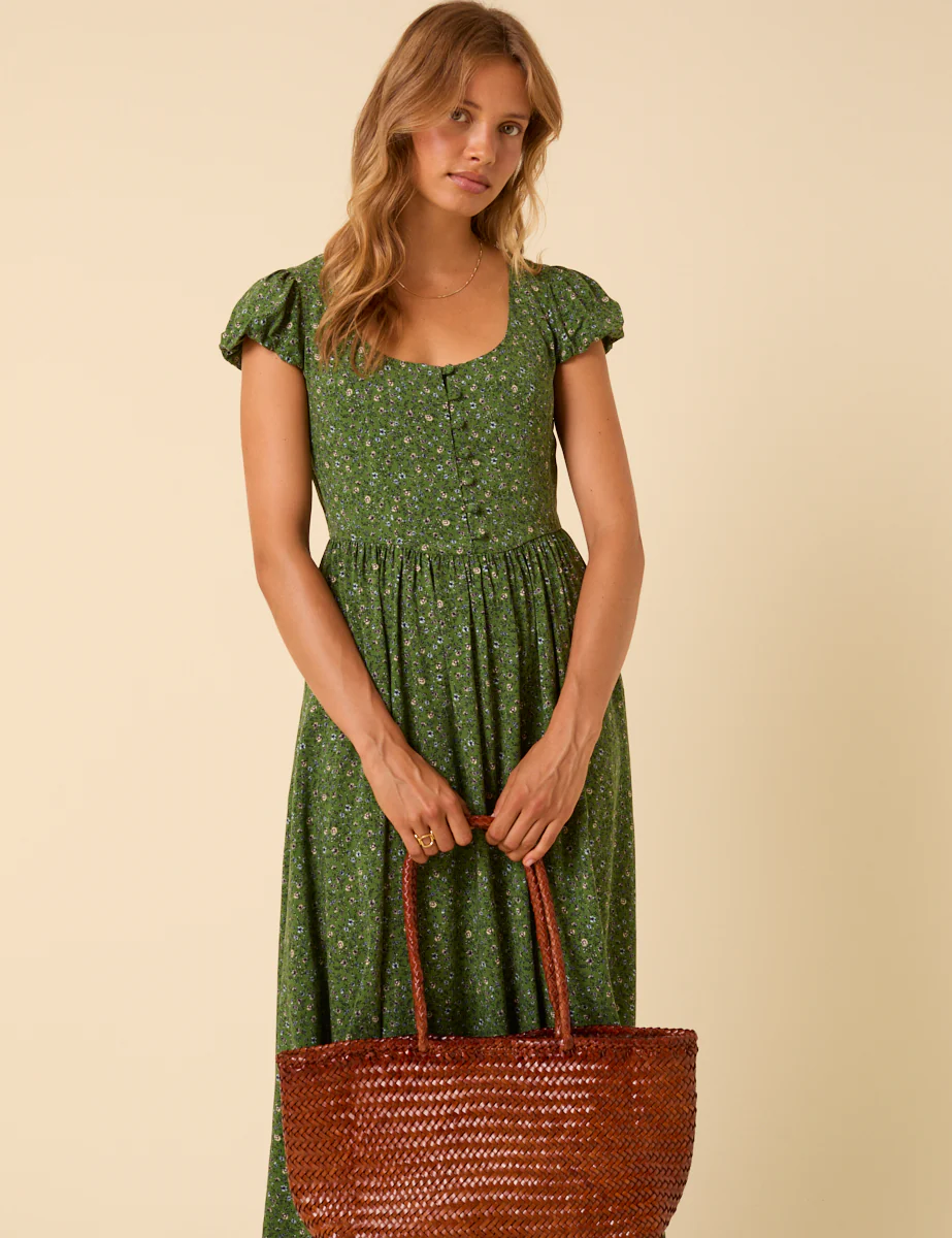 Green Ditsy Floral Puff Sleeve Cora Midi Dress - Image 5