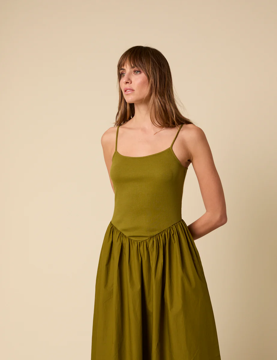 Green Ribbed Drop Waist Strappy Midi Dress - Image 2