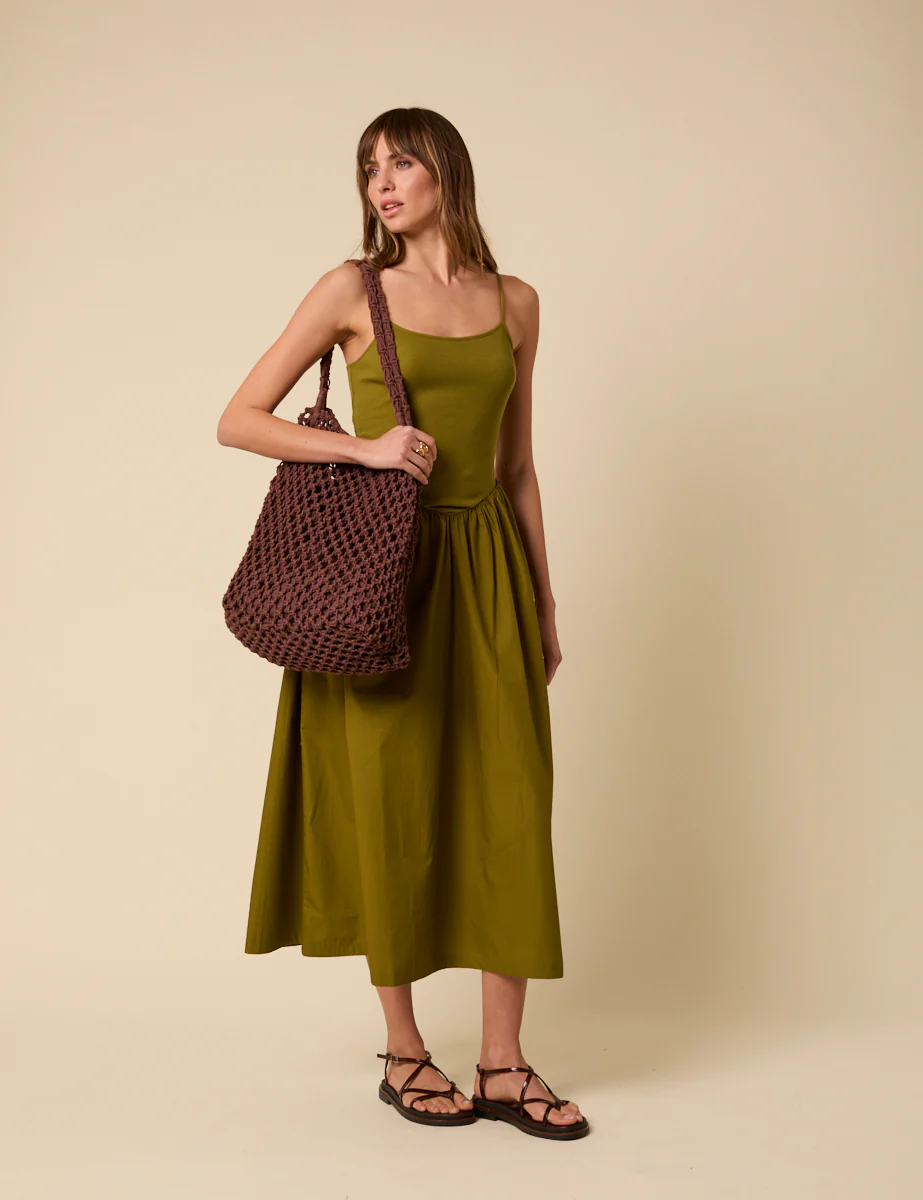 Green Ribbed Drop Waist Strappy Midi Dress - Image 3