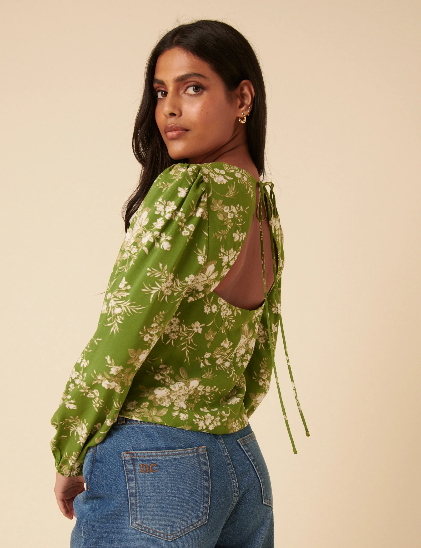 Green Floral Balloon Sleeve Top - Image 4