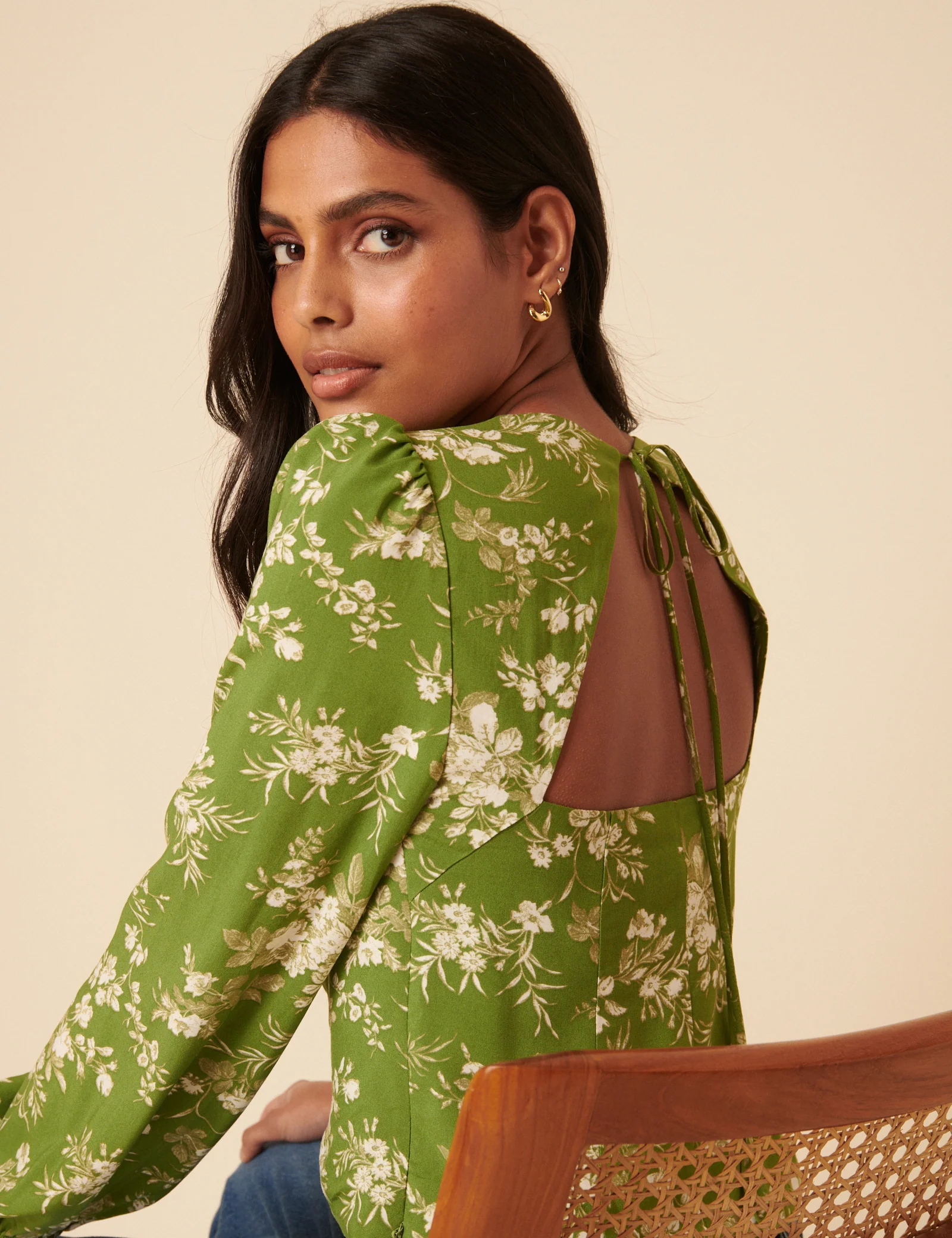 Green Floral Balloon Sleeve Top - Image 6