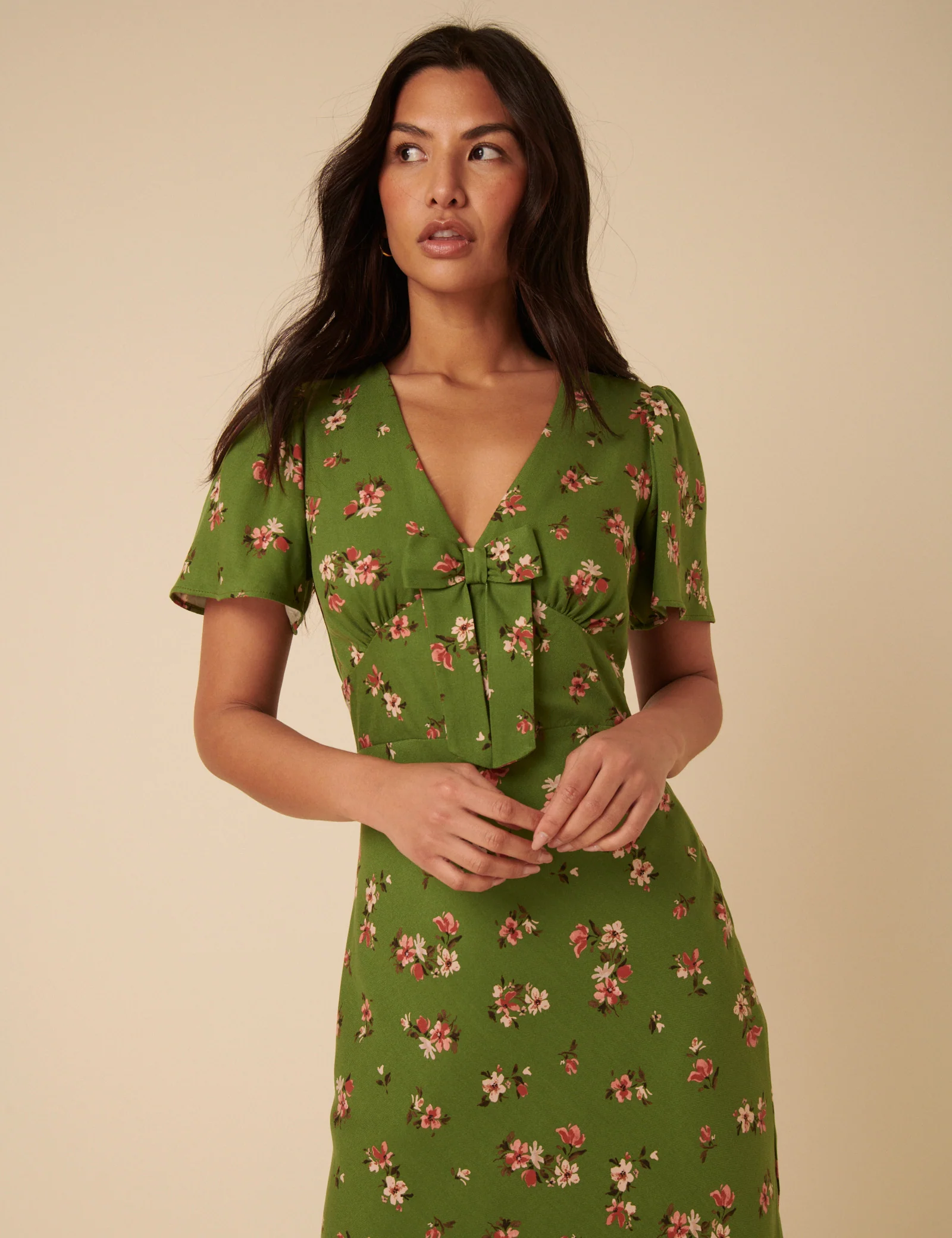 Green Floral Bow Front Faith Midi Dress - Image 2