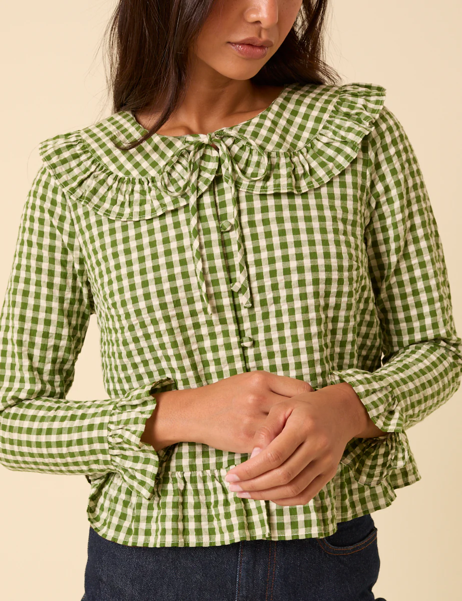 Green Gingham Ruffle Blouse - Image 3