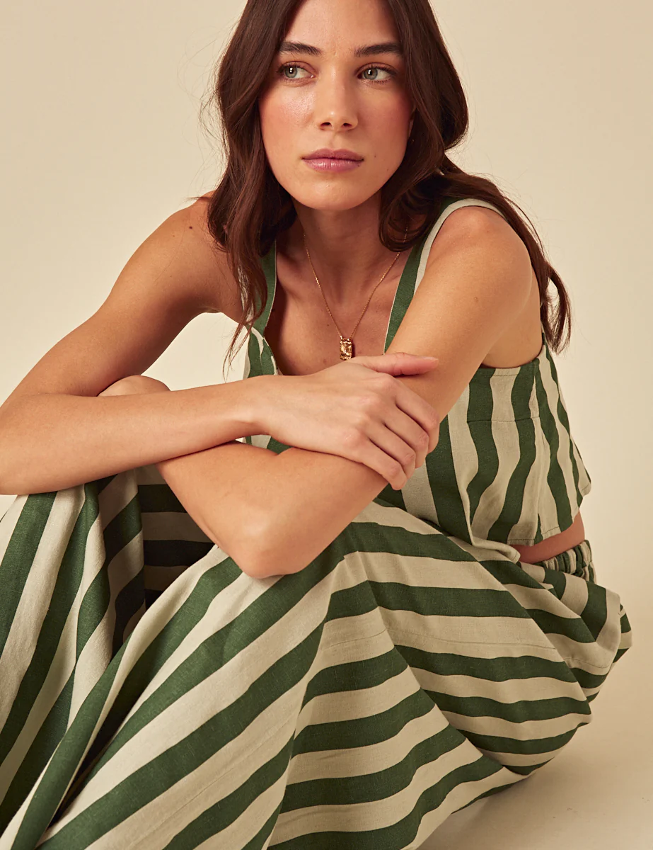 Green Linen-blend Striped Trousers - Image 3