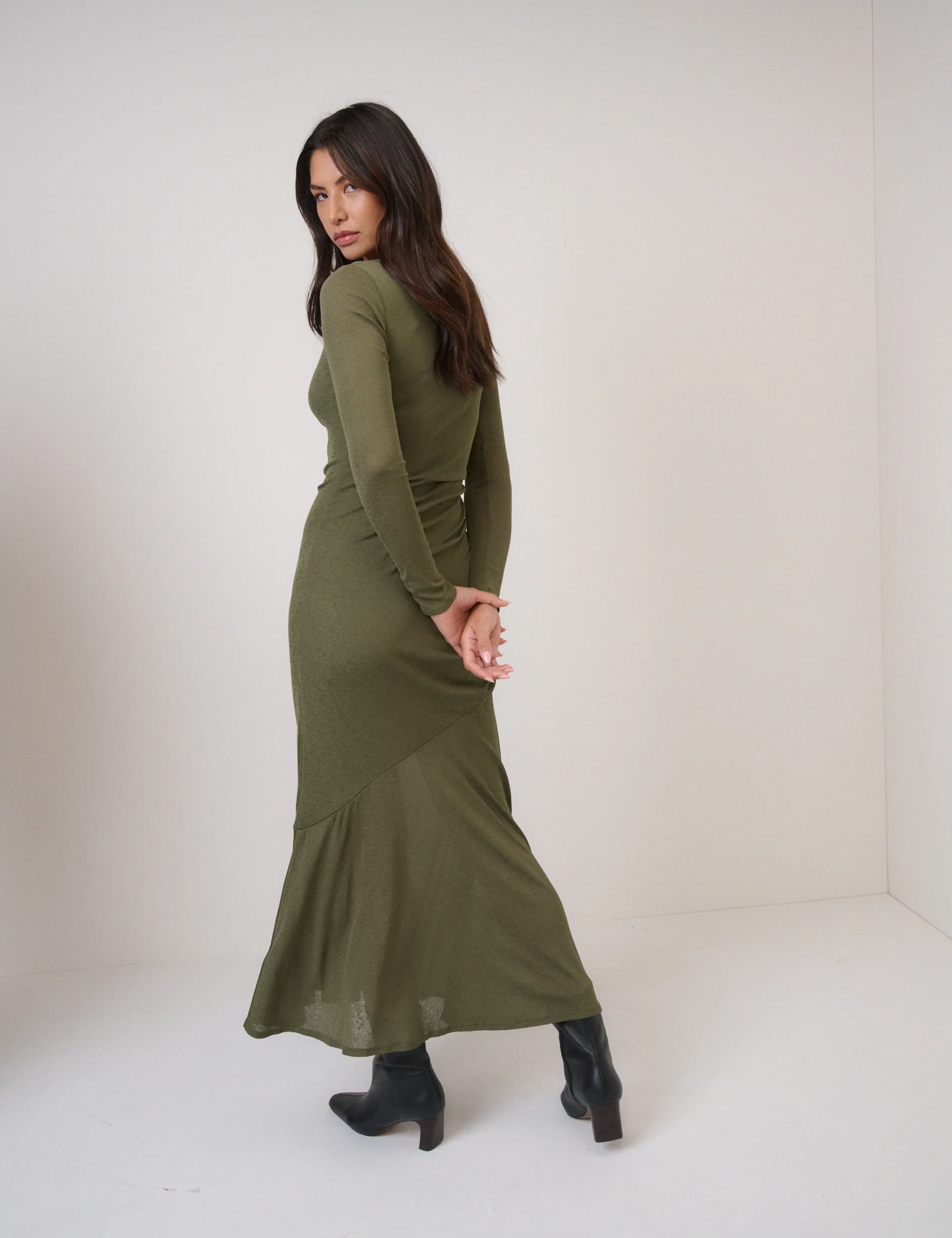 Green Long Sleeve Draped Tallulah Jersey Midi Dress - Image 5